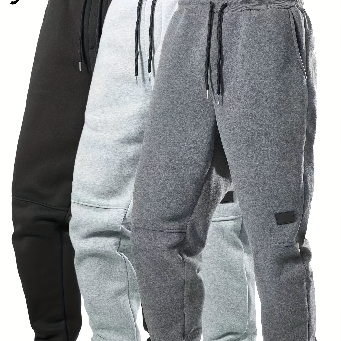 

3pcs Men's Casual Solid Color Joggers, Men's Drawstring Pants With Pockets For Sport And Casual Wear