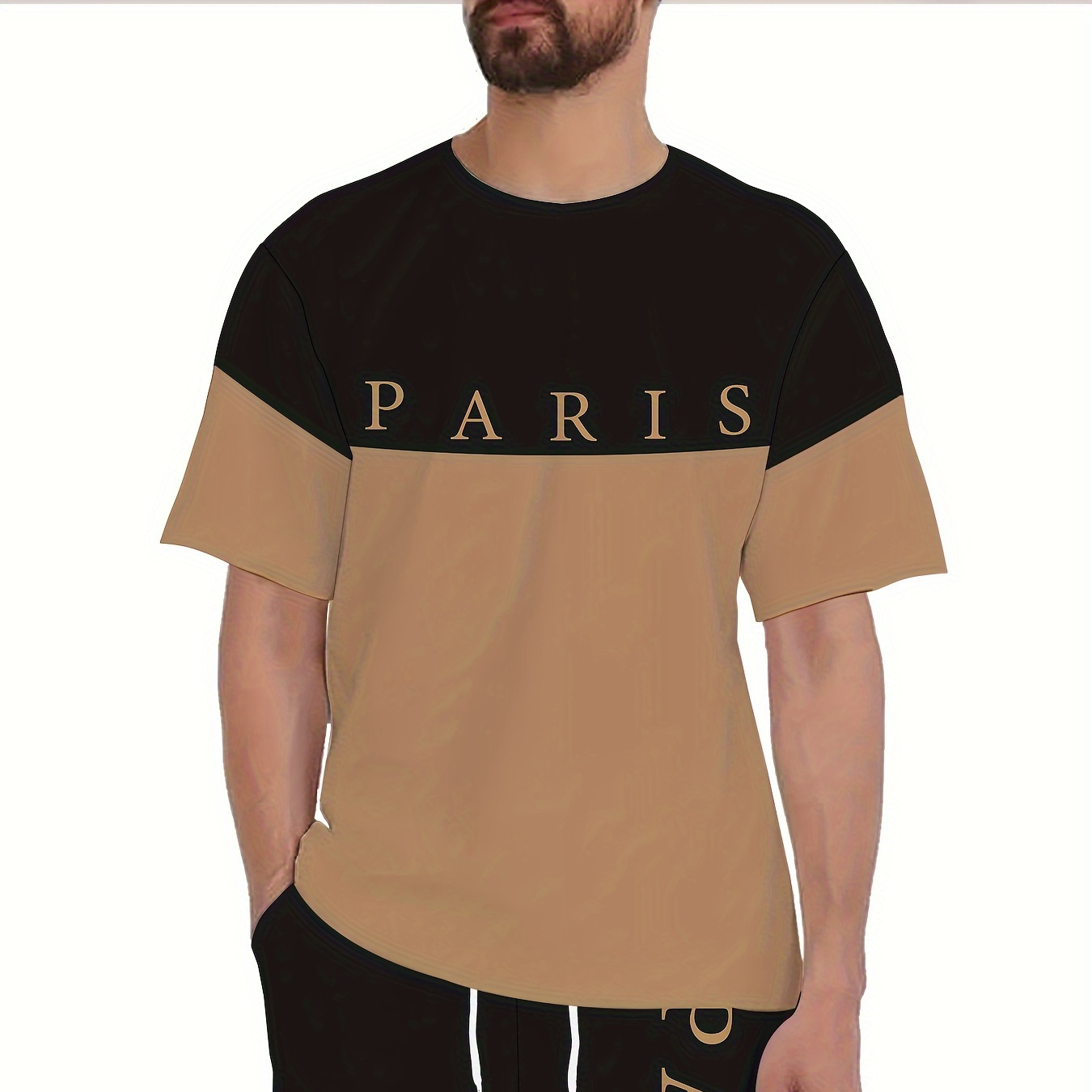 

Paris And Color Block Print Men's Short Sleeve T-shirt & Drawstring Shorts 2pcs Casual Sports Regular Tee Top Pants Co Ord Set For Spring Summer, As Gifts