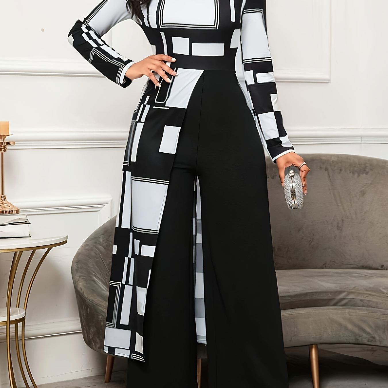 

Geo Print Crew Neck Jumpsuit, Elegant Long Sleeve Wide Leg Culottes Jumpsuit For Spring & Fall, Women's Clothing