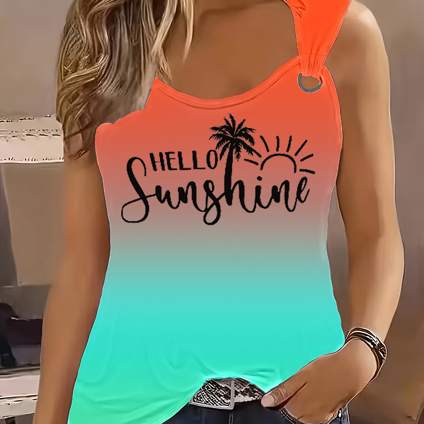

Plus Size Coconut Tree & Sunshine Print Tank Top, Casual Ombre Color Sleeveless Top For Summer, Women's Plus Size Clothing