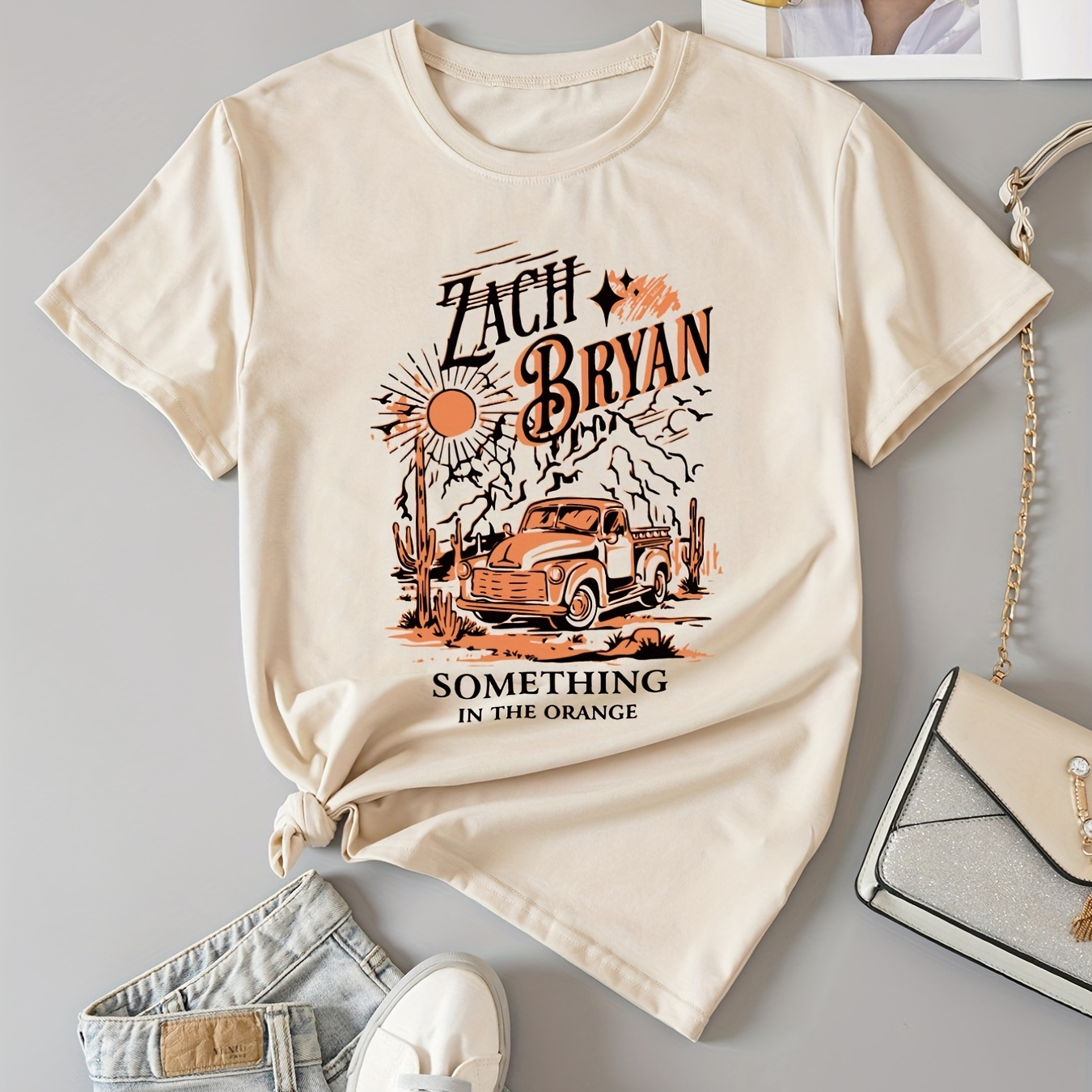 

Letter & Car Print Crew Neck T-shirt, Casual Short Sleeve T-shirt For Spring & Summer, Women's Clothing