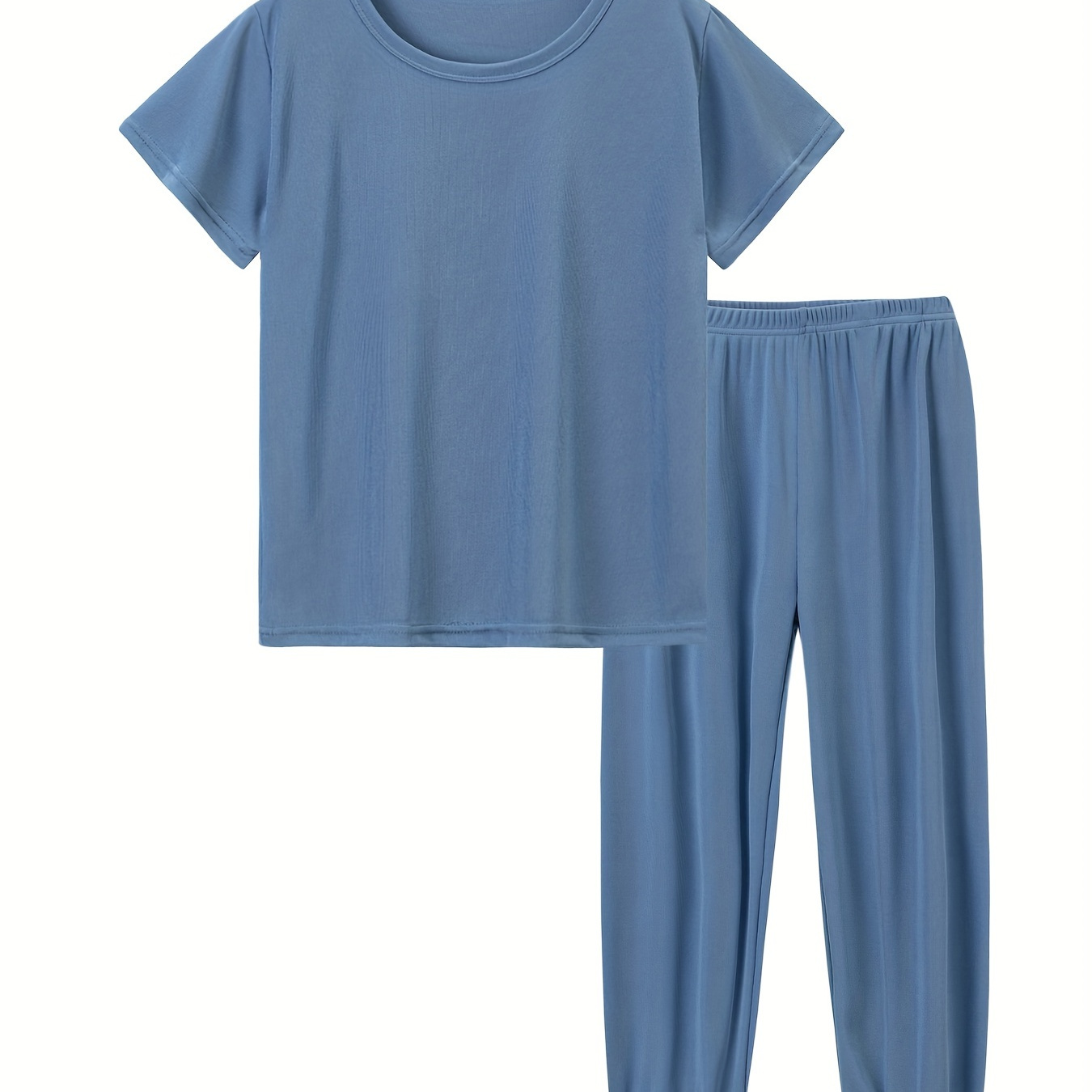 

Boys 2-piece Trendy Pajama Sets Solid Color Round Neck Short Sleeve Top & Matching Pants Comfy Casual Pj Sets