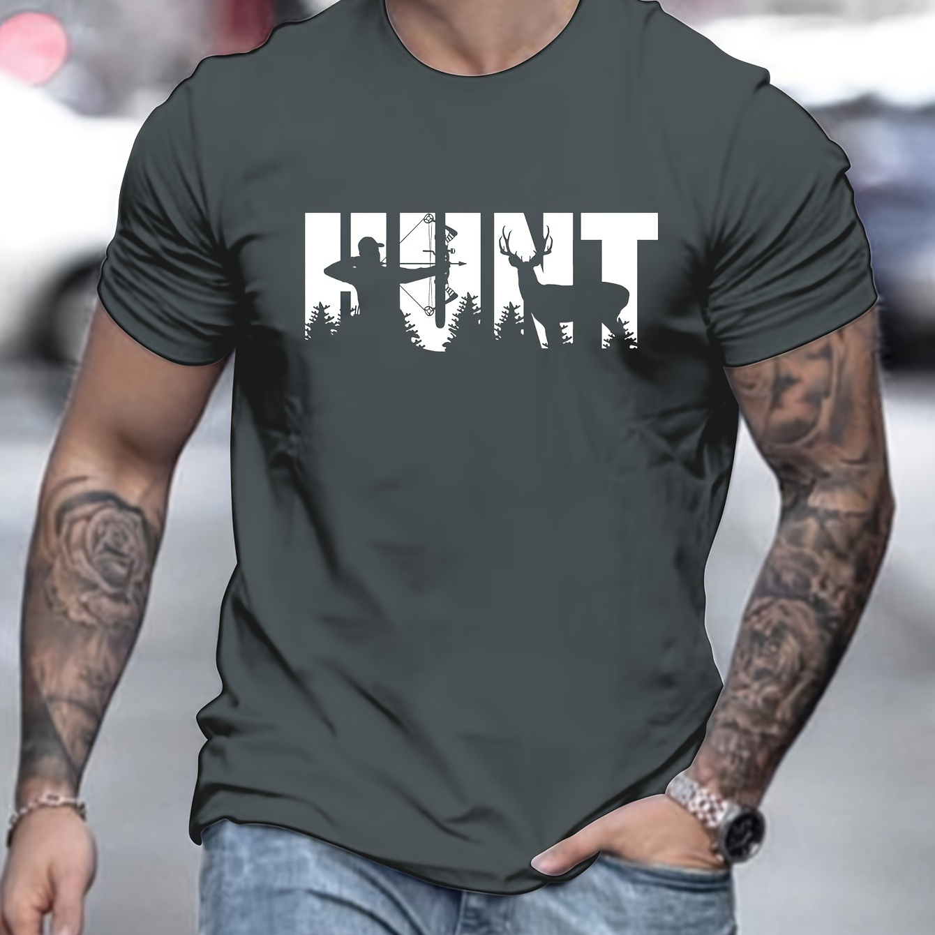 

Hunting Print, Men's Round Crew Neck Short Sleeve, Simple Style Tee Fashion Regular Fit T-shirt, Casual Comfy Breathable Top For Spring Summer Holiday Leisure Vacation Men's Clothing As Gift