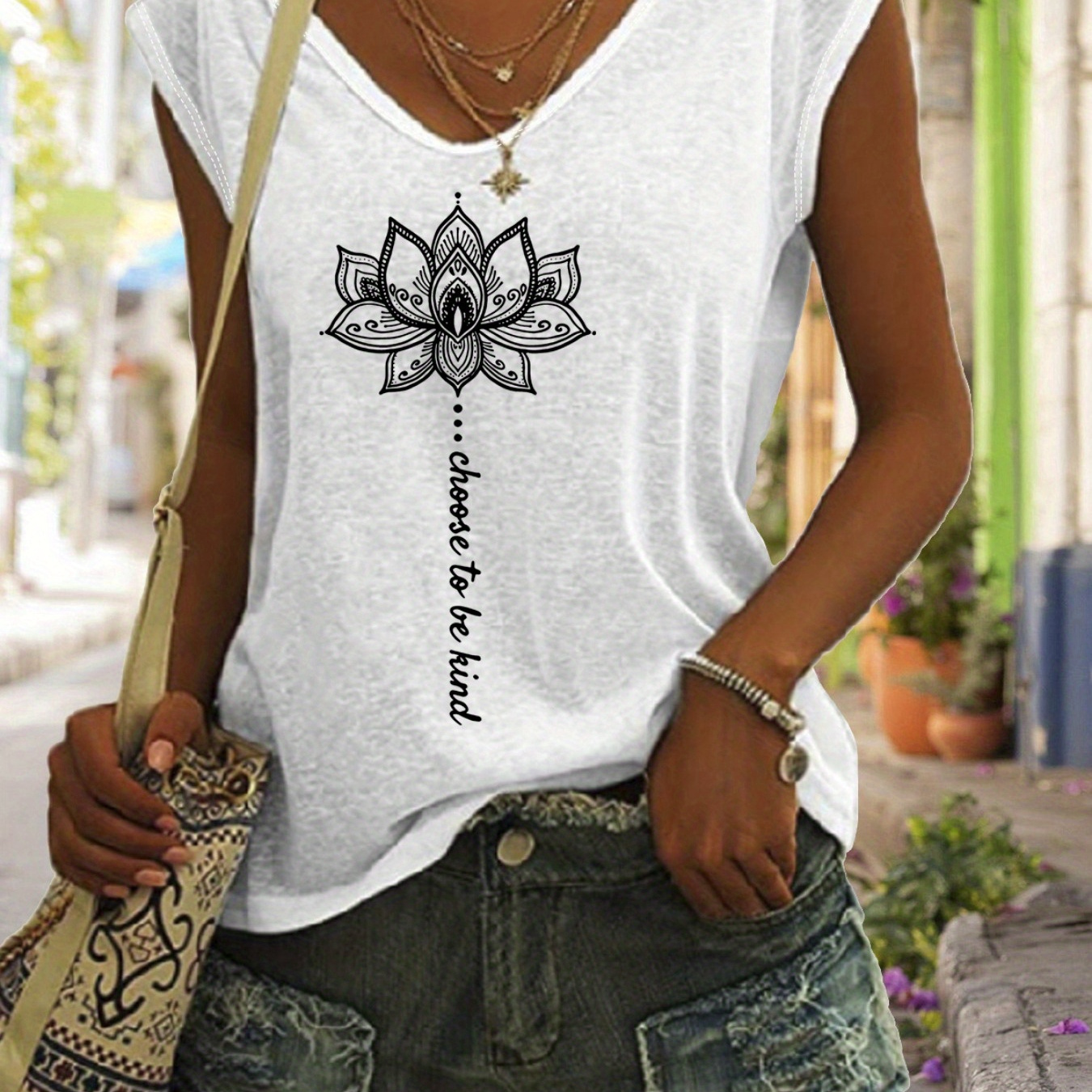 

Lotus Print V Neck Top, Cap Sleeve Casual Top For Summer & Spring, Women's Clothing