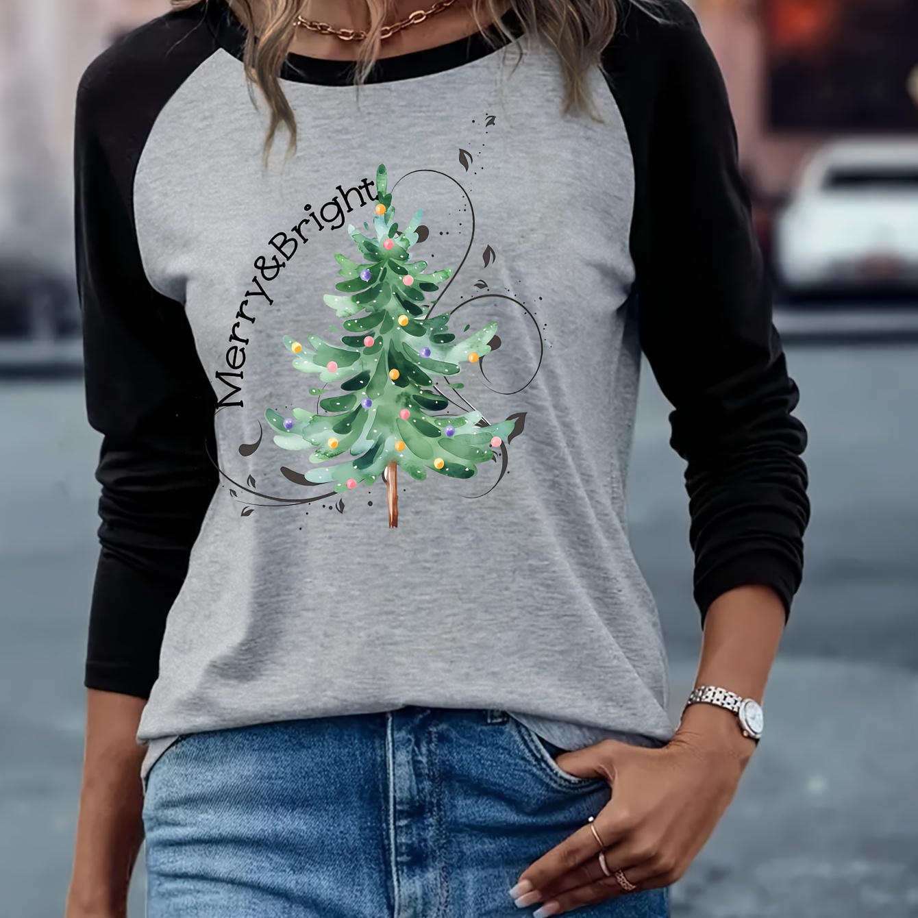 

Women's Christmas Tree Print Long Sleeve T-shirt, Casual Round Neck, Polyester Knit Fabric, Regular Fit, Spring/autumn Fashion Top