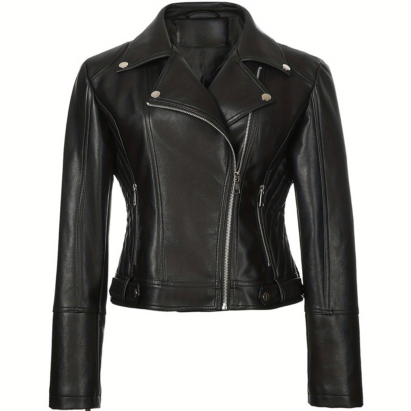 

Plus Size Leather Long Sleeve Casual Jacket, Fashionable Women's Motorcycle Jacket For Fall/winter