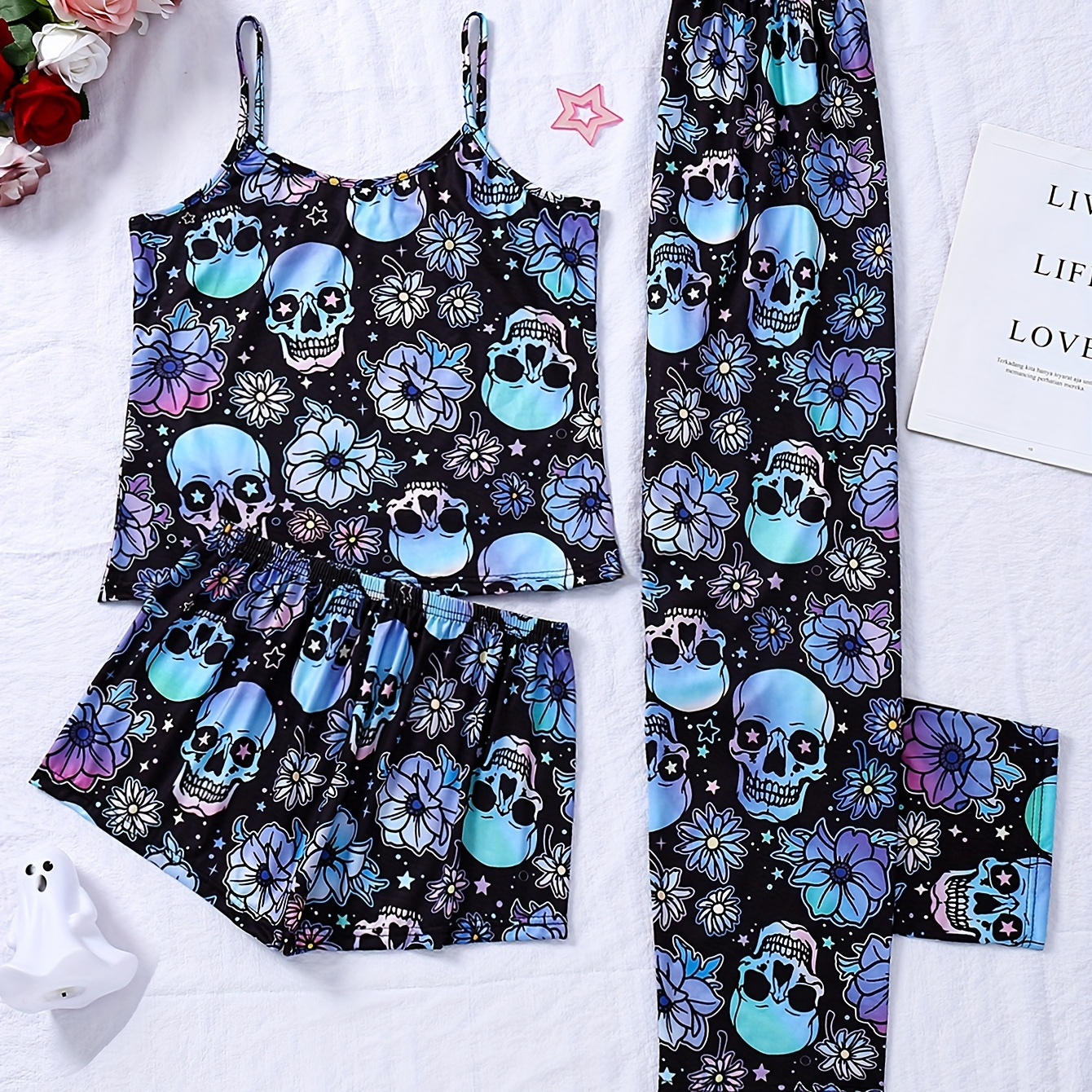 

3pcs Women's Skull Print Pajama Set - Casual Round Neck Cami Top & Bow Tie Waist Shorts + Pants, Soft Polyester, Machine Washable, Non-transparent, Gradient For All