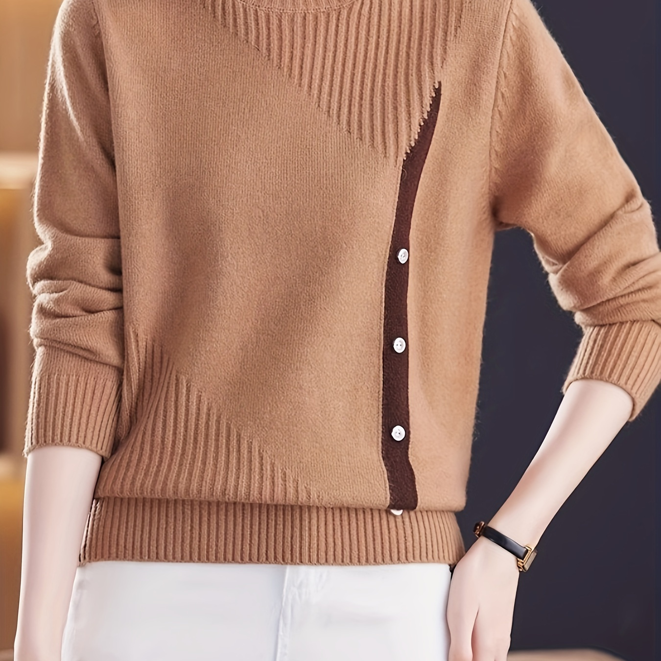 

1pc Women's Knit Sweater, Polyester , Half-turtleneck, Solid Color, Detail, Autumn/winter Season, 400g/m² Weight