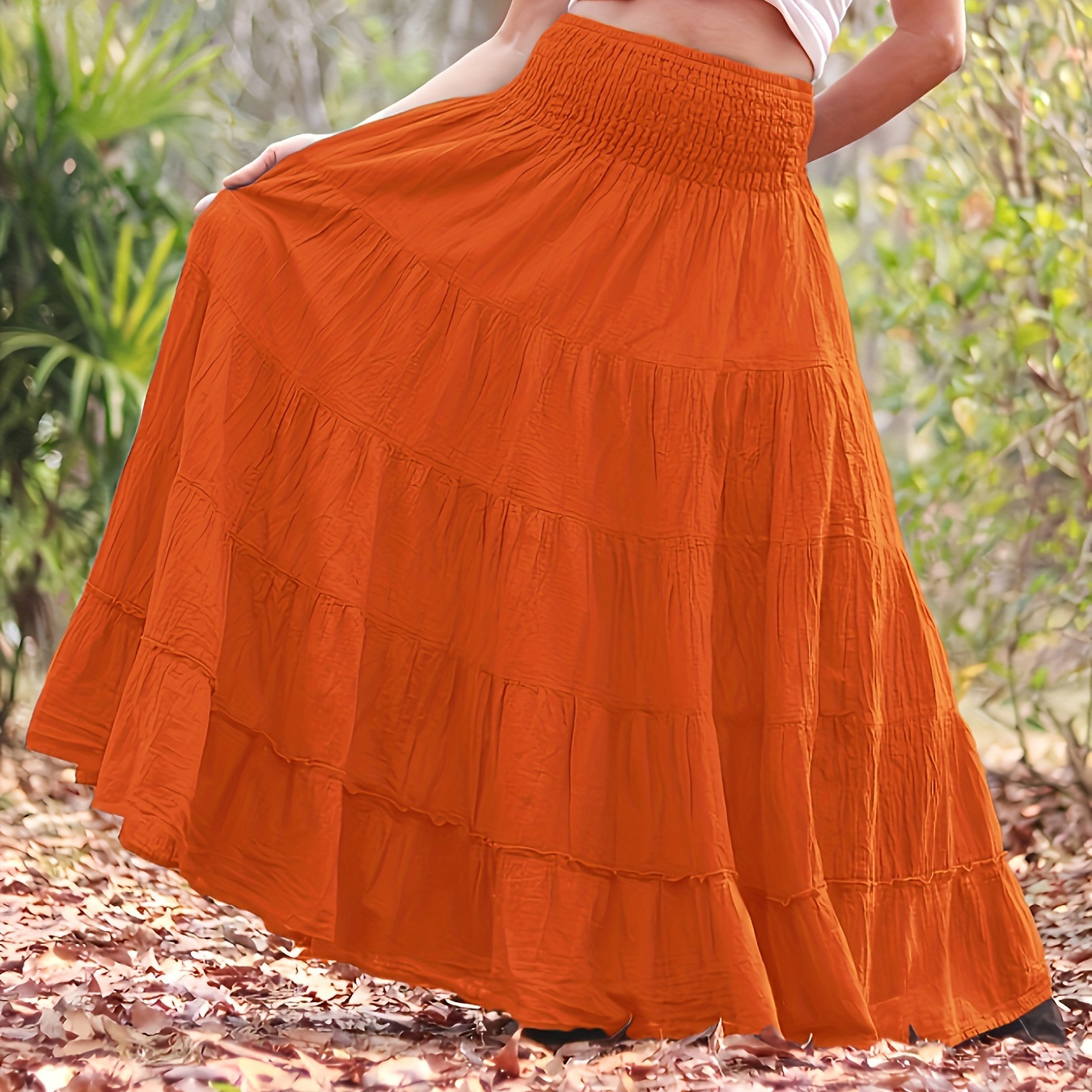 

Solid Color Shirred Waist Skirt, Casual High Waist A-line Tiered Skirt For Spring & Summer, Women's Clothing
