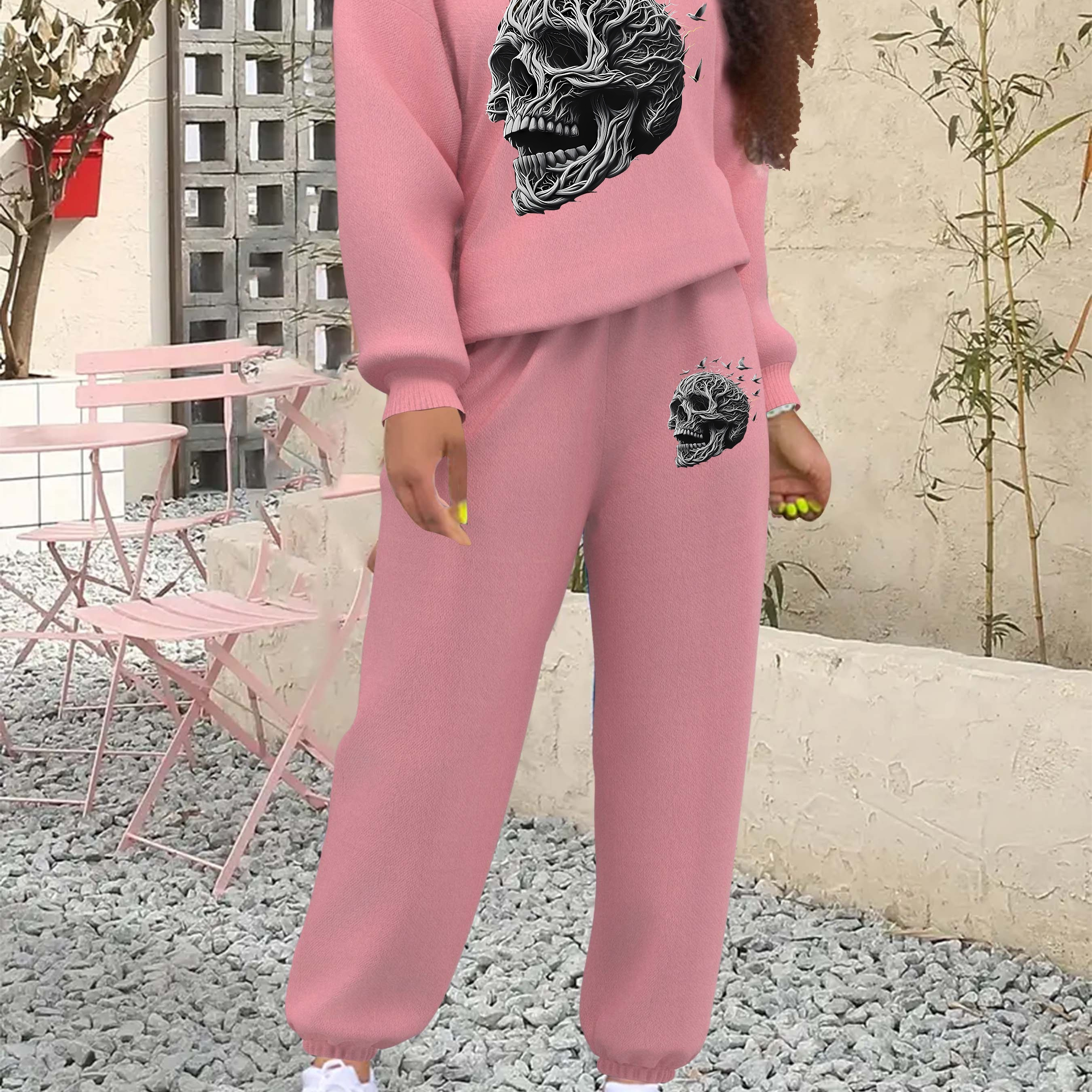 

Skull Print 2 Piece Set, Crew Neck Sweatshirt & Slant Pocket Fitted Bottom Pants, Women's Clothing