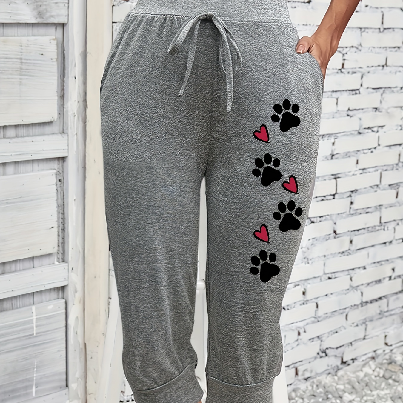 

Paw & Heart Print Jogger Capri Pants, Casual Drawstring Waist Slant Pockets Pants For Spring & Summer, Women's Clothing