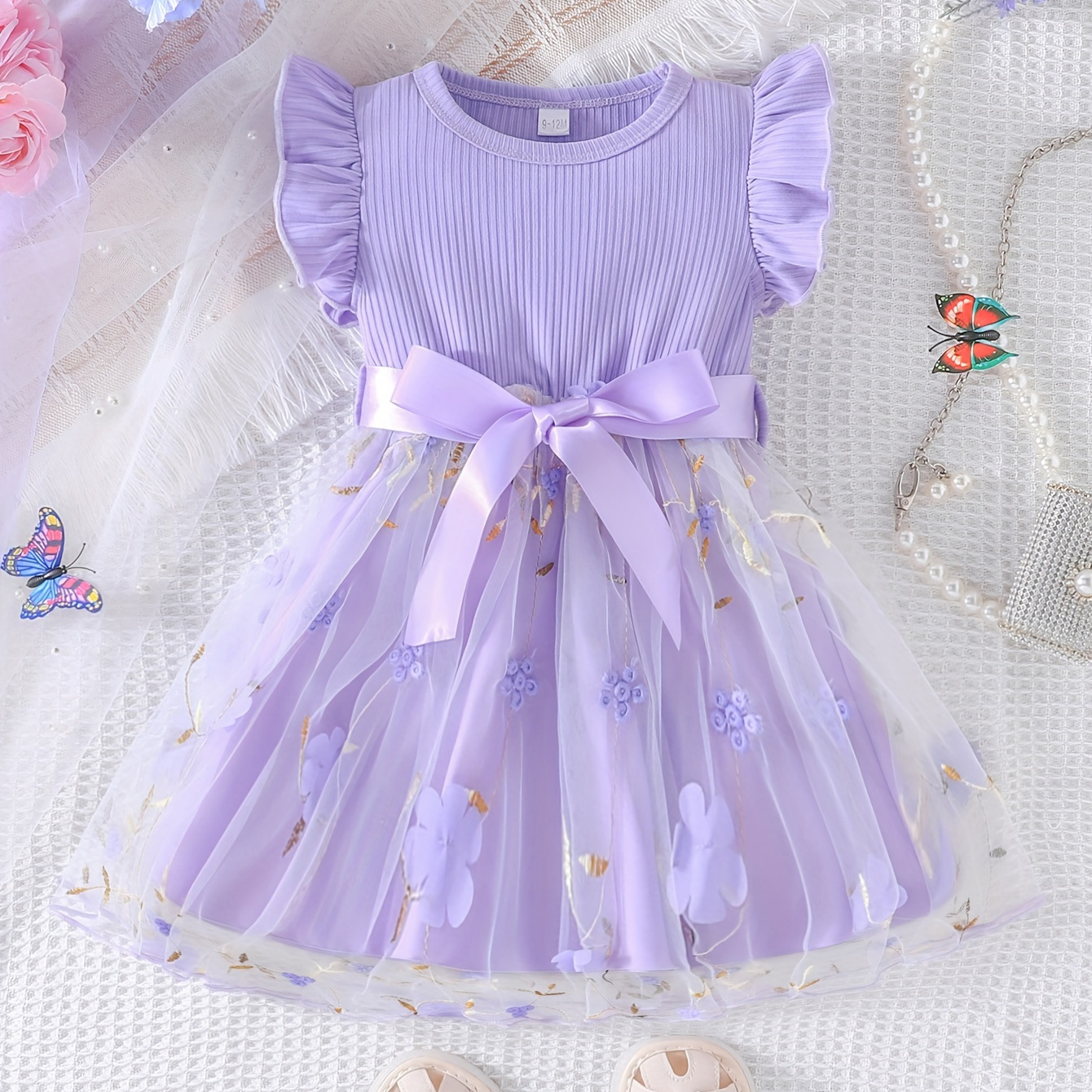 

Baby Girl's Ribbed Knitted Flying Sleeve Floral Embroidery Stitching Mesh Dress With Belt