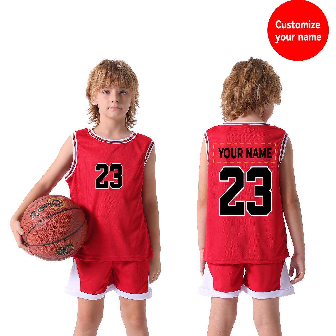 

Kids Sports Jersey And Shorts Set 23# Personalized With Name, Spring/summer Polyester Knit Fabric, Round Neck, Fit, Unisex - Customizable, For Outdoor