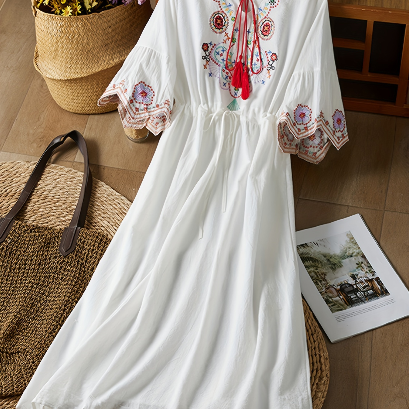 

Bohemian Beach Vacation Dress For Women - Embroidered Floral Midi With Lantern Sleeves, Round Neck, And Ruffle Hem, Loose Fit Dress, Beach Dress