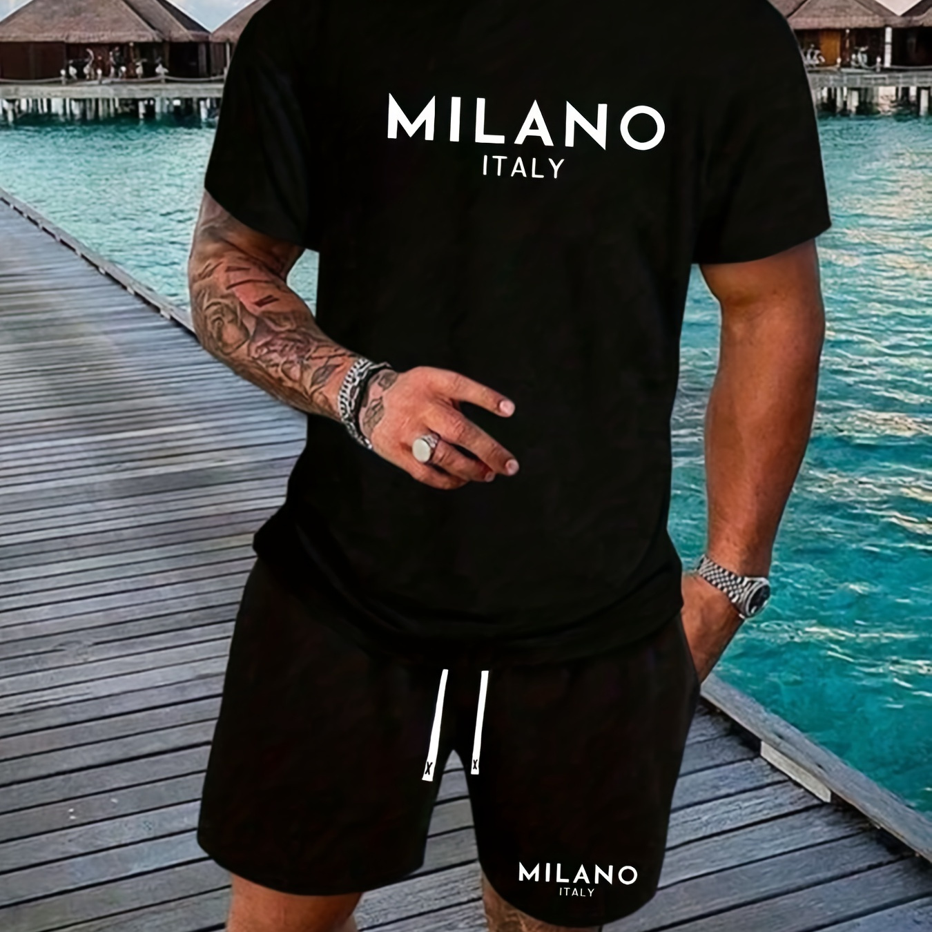 

2pcs Plus Size Men's Graphic Print Sporty Casual Short Sleeve Top And Shorts Set, Polyester, Spring/summer, Knitted, Round Neck, Geometric Pattern, Micro Stretch