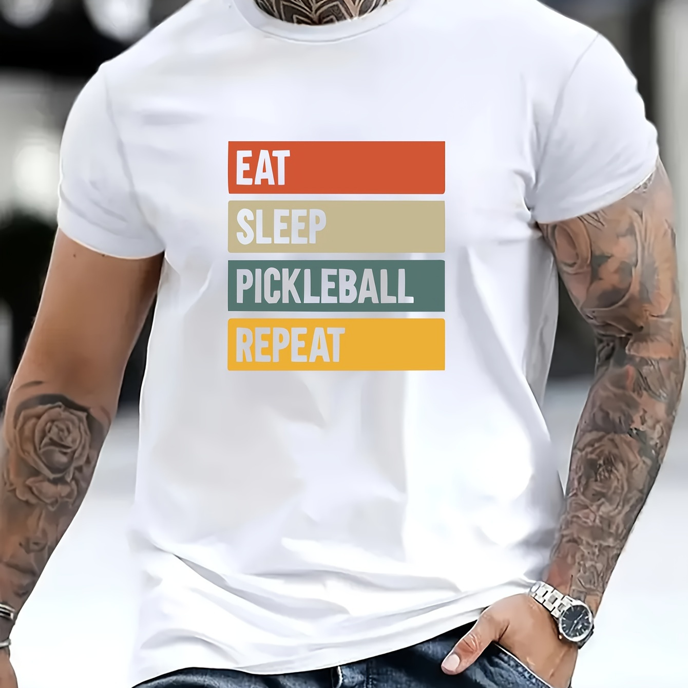 

Eat Sleep Pickleball Repeat Letter Print Men's Casual & Comfortable Crew Neck Short Sleeve T-shirt, Suitable For Summer Outdoor Activities