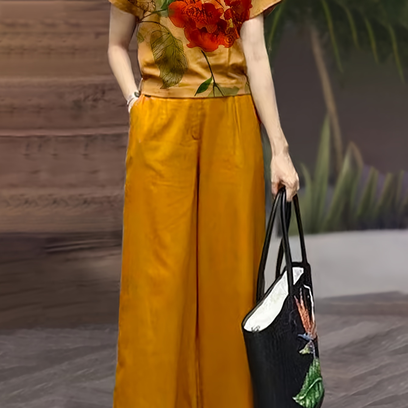 

New Elegant Two-piece Floral Wide Leg Suit