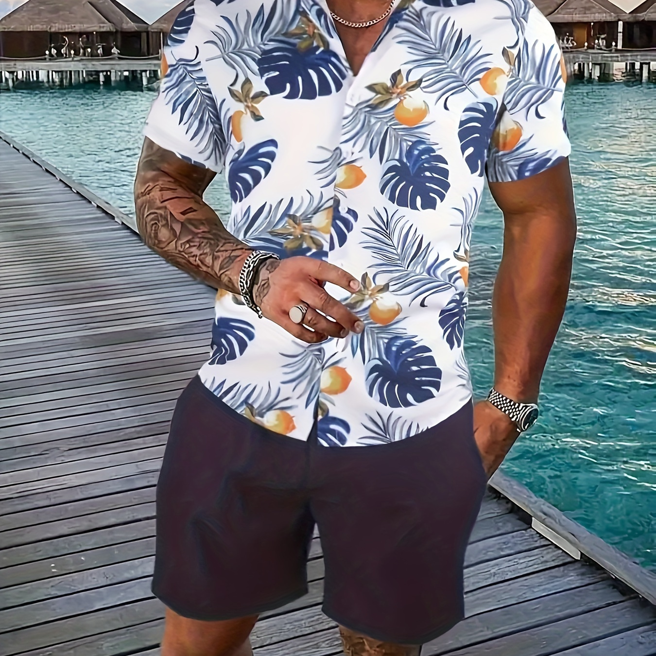 

Men's Short Sleeve Button-up Shirt With Fancy Tropical Leaf Pattern Print, Casual Summer Hawaiian Style, Daily Vacation Beachwear For Men