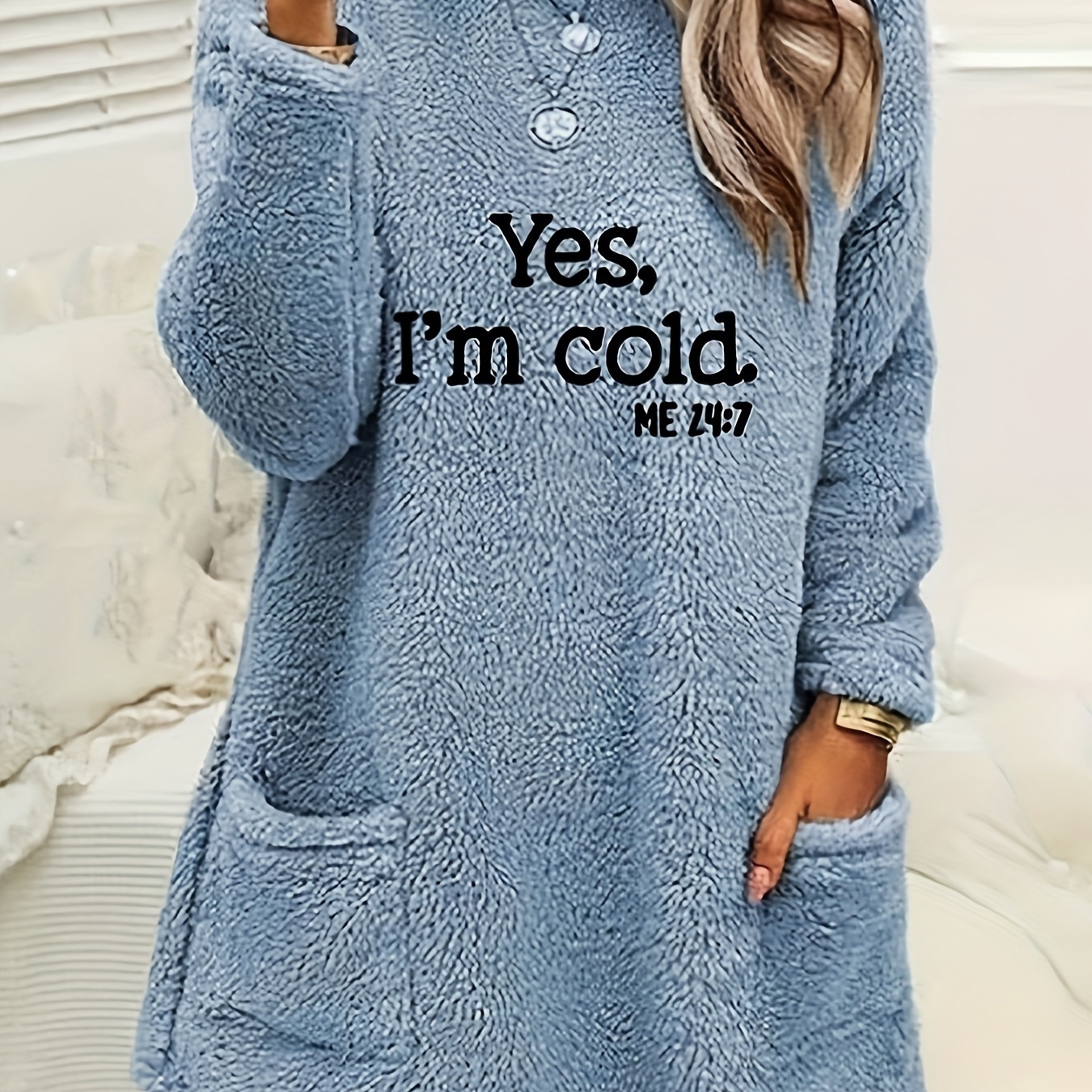 

Yes I'm Cold Print Fleece Pullover Sweatshirt, Casual Long Sleeve Crew Neck Sweatshirt With Pockets For Fall & Winter, Women's Clothing