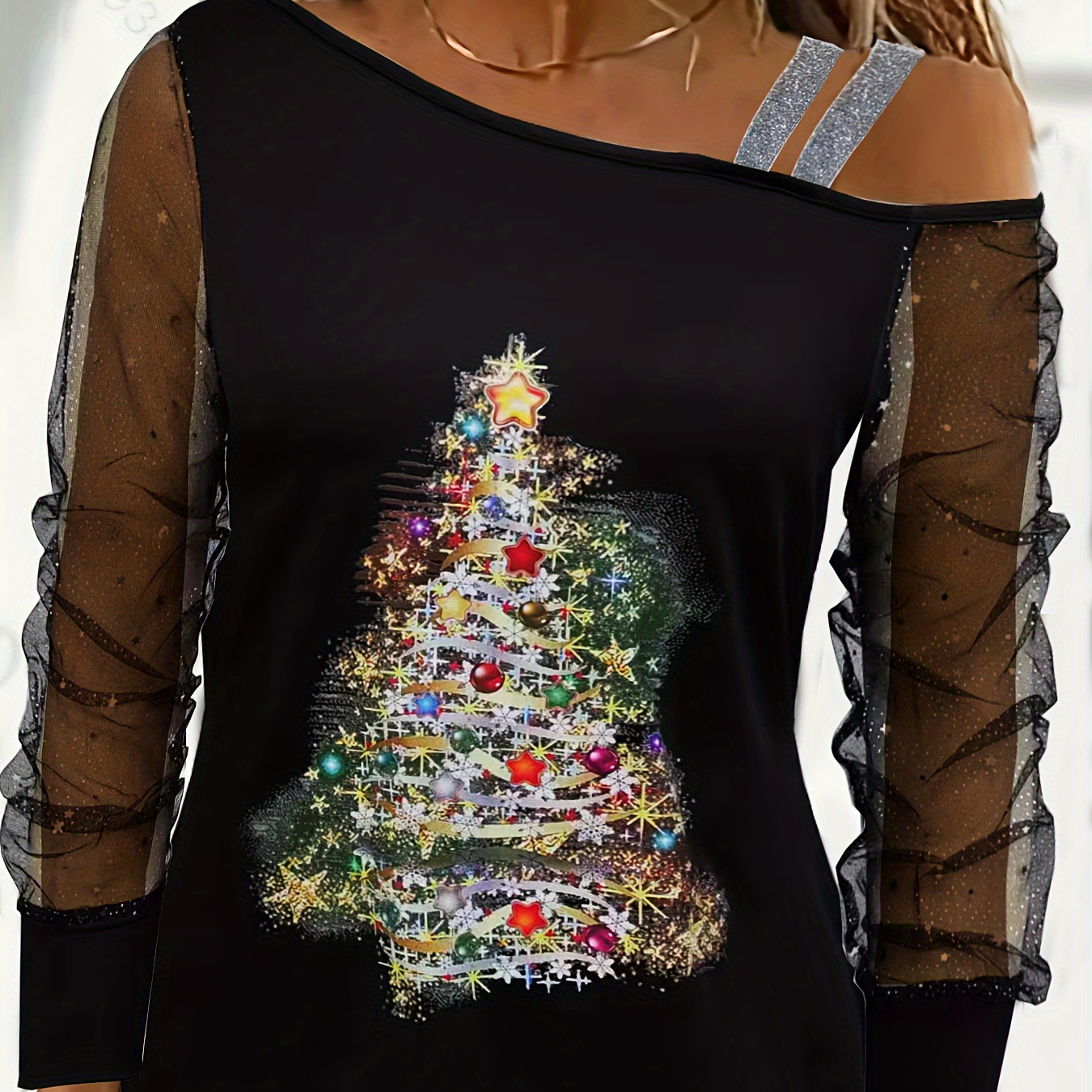 

Christmas Tree Print Cold Shoulder T-shirt, Casual Mesh Stitching Long Sleeve Top, Women's Clothing