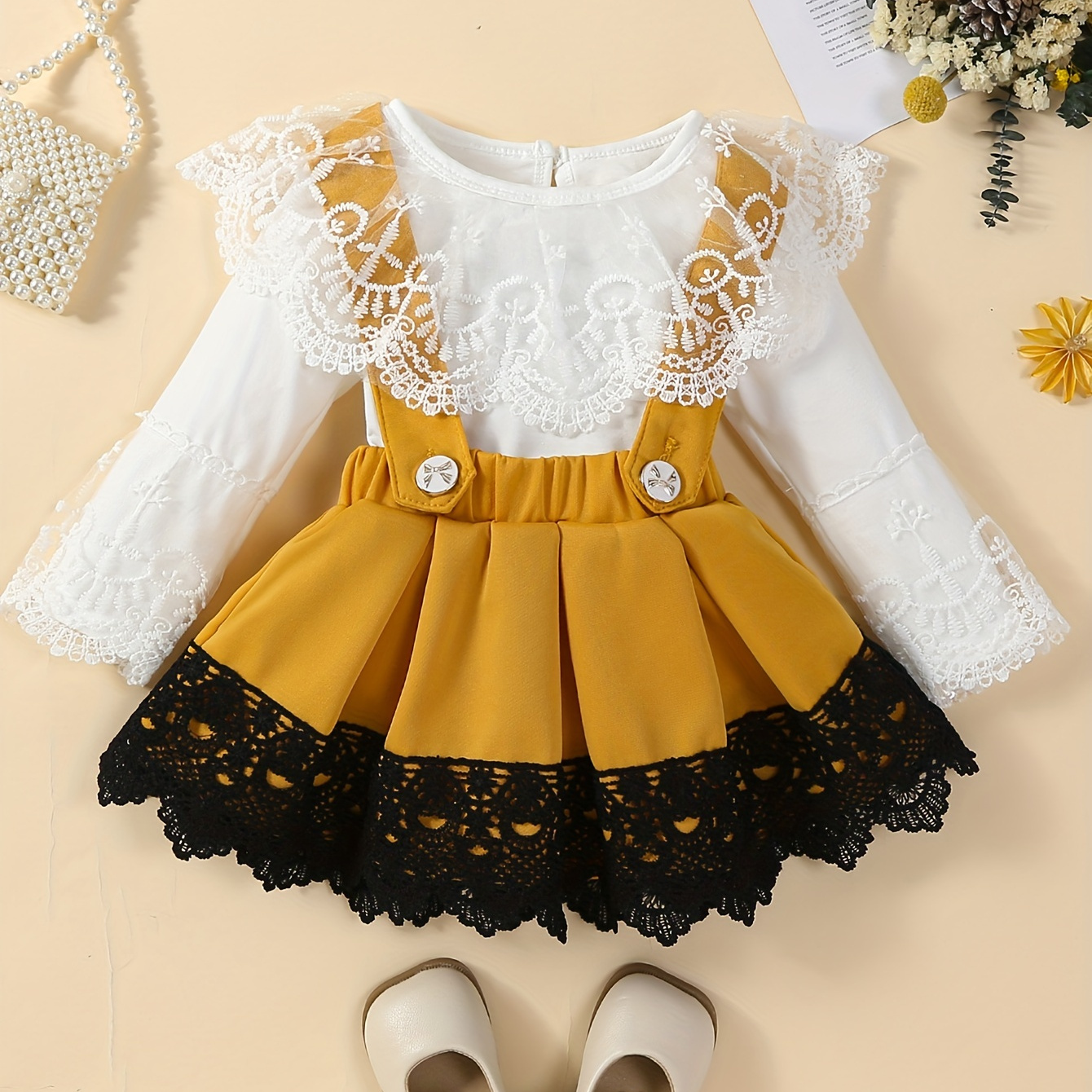 

Kids Cute & Stylish Outfit - Lace Neck Baby Romper + Bow Back Hollow Out Suspender Skirt Set Party Casual Dress Up, Coquette Style