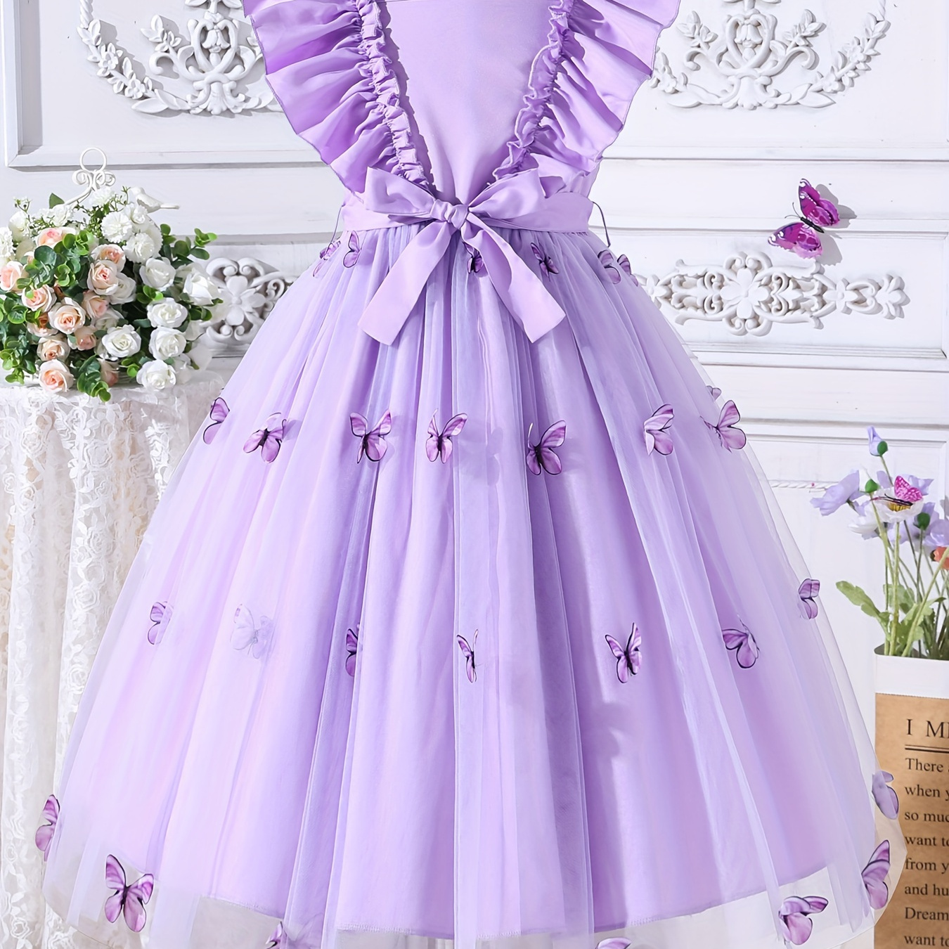 

Girls' Solid Purple Gauze Dress With Butterfly Accents And Bow Belt, Elegant Party Dress For Kids