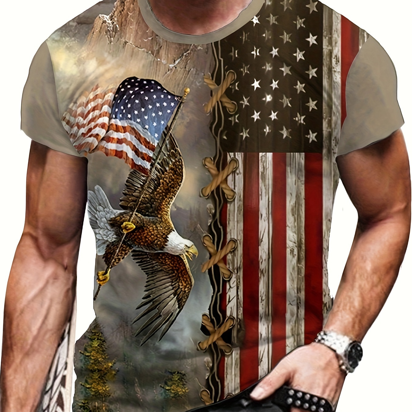 

Eagle & Flag Pattern Print Plus Size Men's Short Sleeve T-shirt, Casual Fashion Crew Neck Tee, All Over Graphic Top For Outdoor Sports, Big & Tall