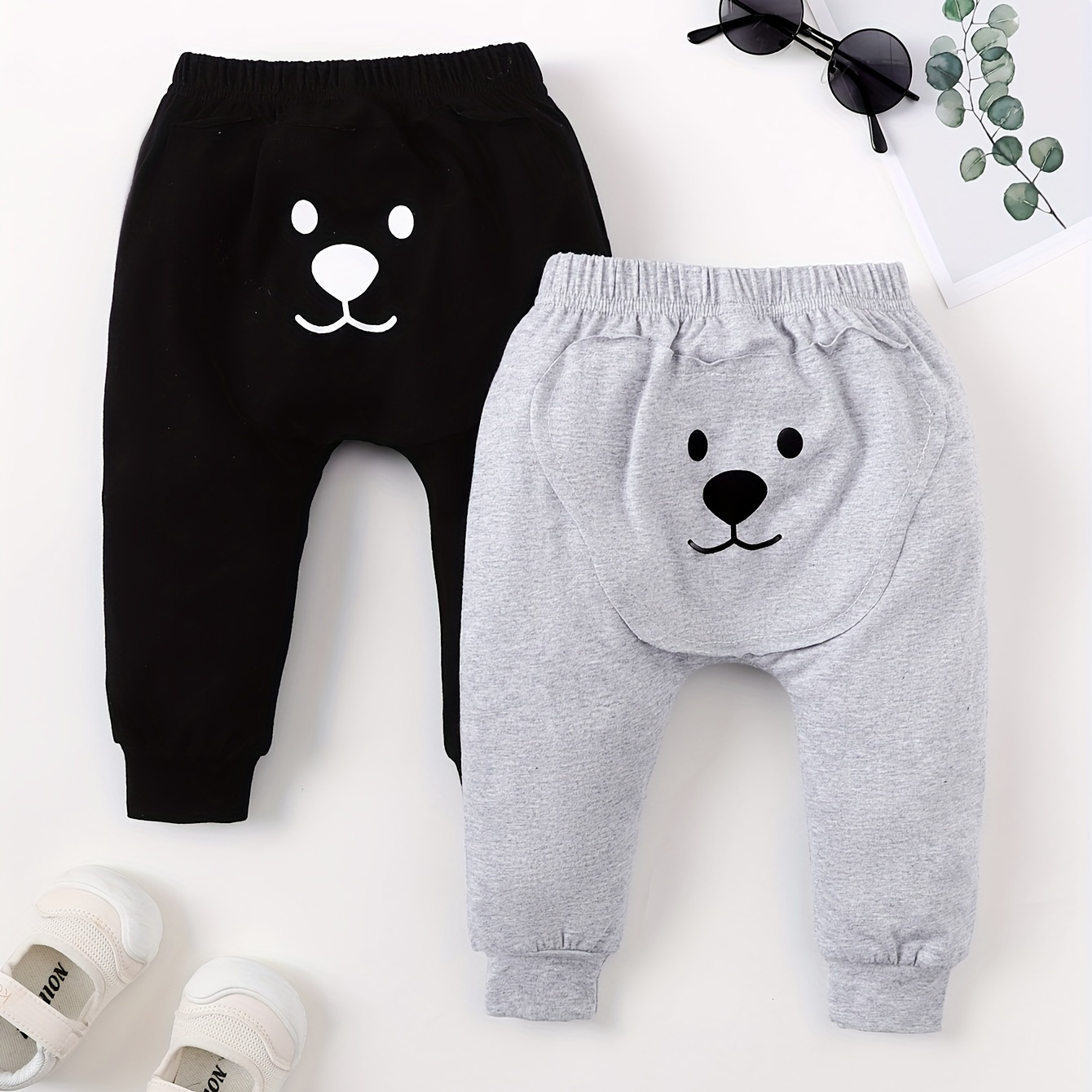 

2pcs Infant & Toddler Kid's Cartoon Bear Print Casual Pants, Cotton Elastic Waist Trousers, Baby Boy's Clothing