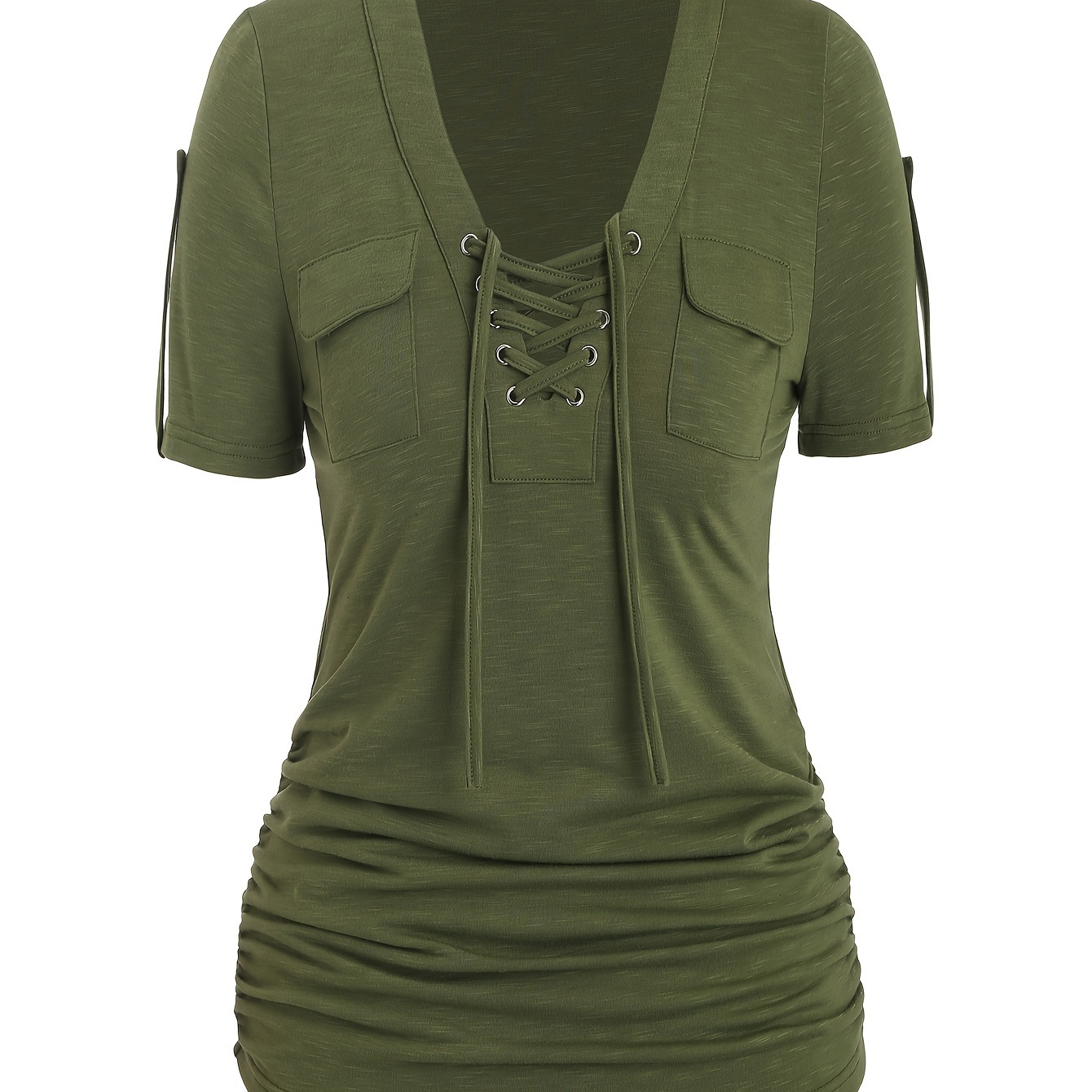 

Chic V-neck T-shirt With Front Eyelet Detail - Casual Polyester & Spandex , Machine Washable - Spring/summer