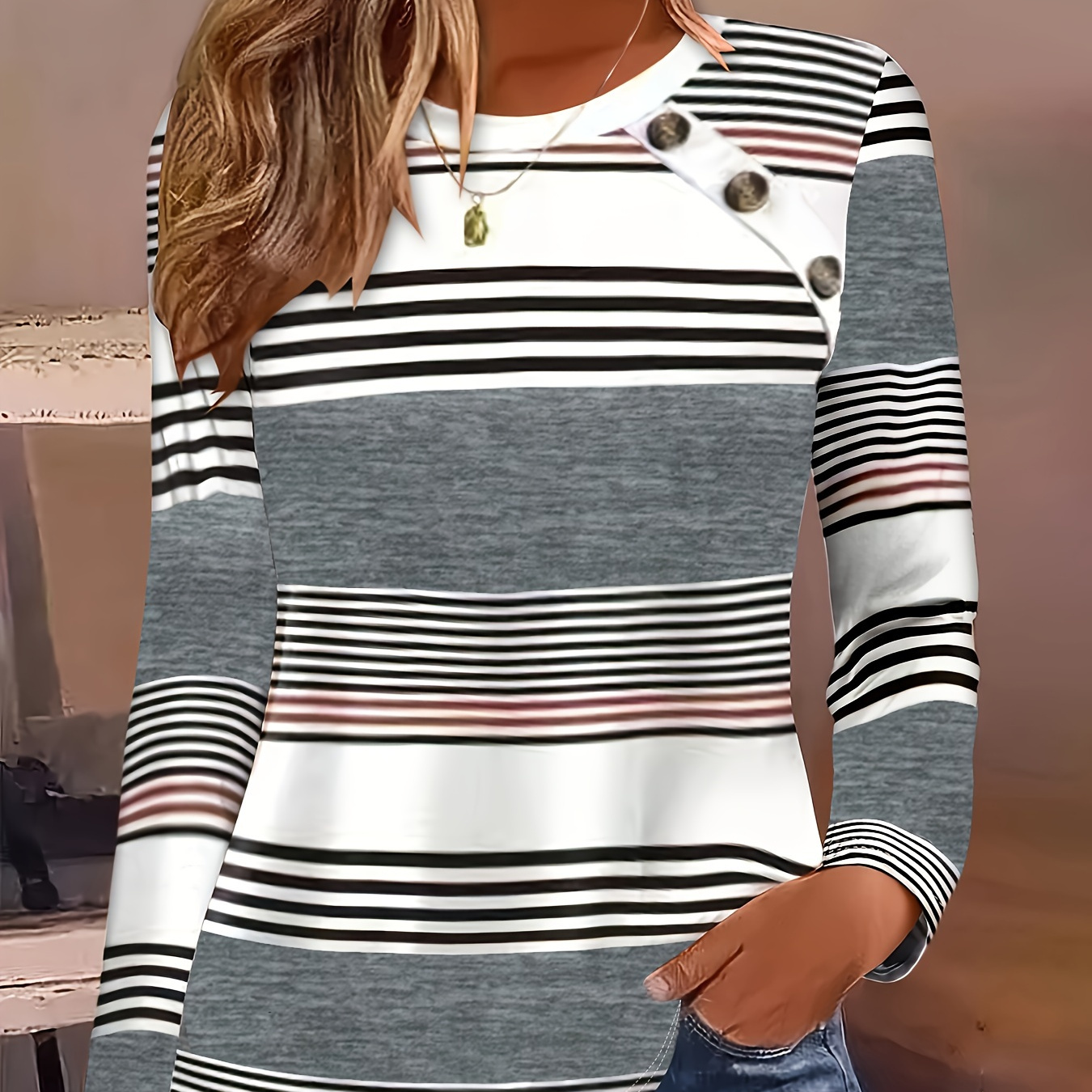 

Striped Botton Crew Neck T-shirt, Elegant Long Sleeve T-shirt For Spring & Summer, Women's Clothing