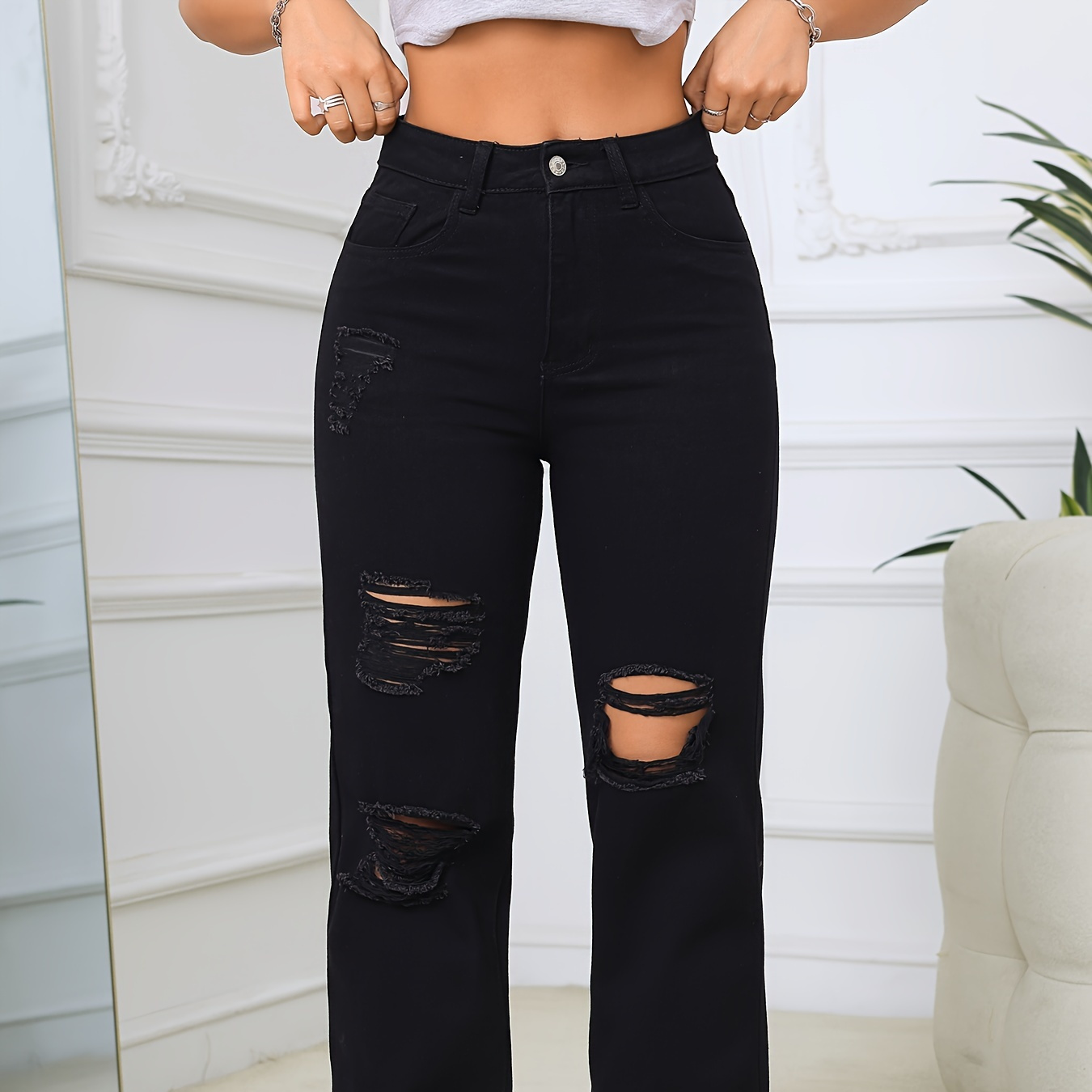 

Women's Fashion Plain Black Color Ripped Wide Leg Jeans, Casual Style, High-waisted Denim Pants, Distressed Look, With Pockets