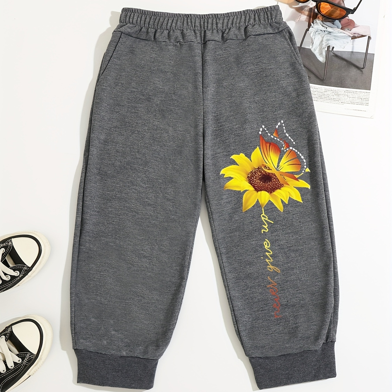 

Sunflower Print Elastic Waist Pants, Casual Slant Pocket Pants For Summer & Spring, Women's Clothing
