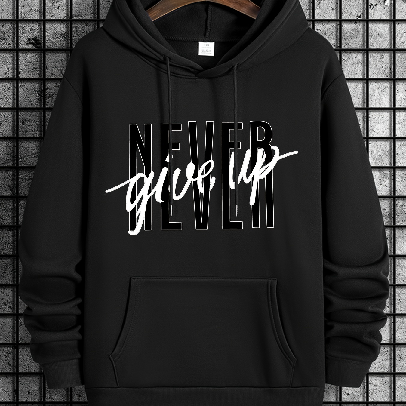 

Plus Size, Never Give Up Print Men's Comfortable Stylish Drawstring Hoodie With Long Sleeves Design, Meticulously Crafted For Men Autumn & Winter Wear