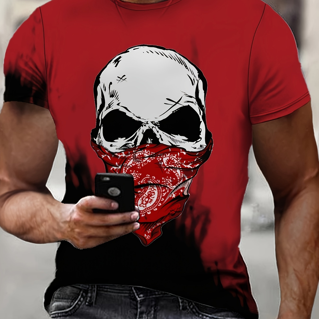 

Men's Skull Graphic Print T-shirt, Casual Short Sleeve Crew Neck Tee, Men's Clothing For Outdoor