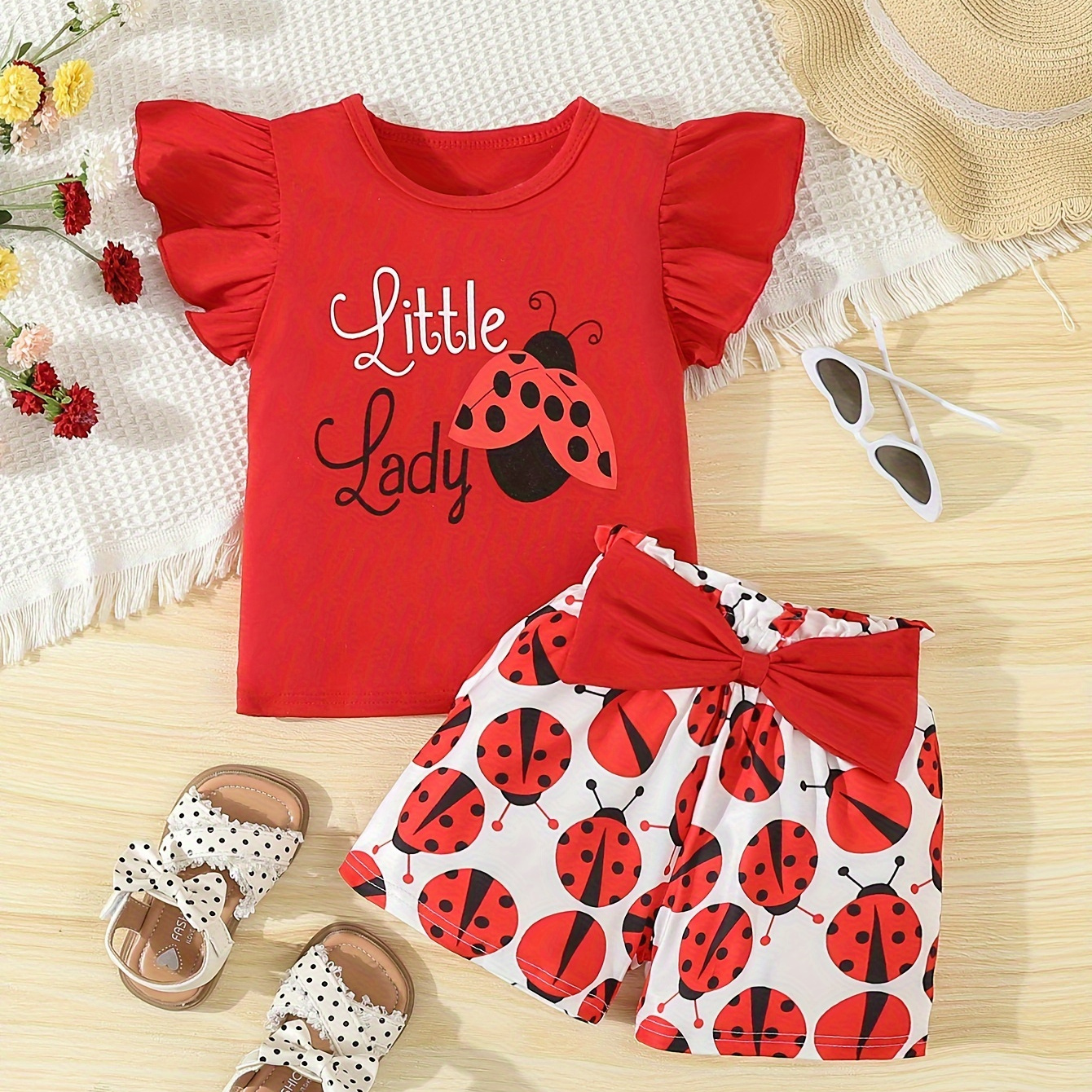 

Baby's "little Lady" Print 2pcs Casual Summer Outfit, Cap Sleeve Top & Ladybug Full Print Shorts Set, Toddler & Infant Girl's Clothes For Daily/holiday/party