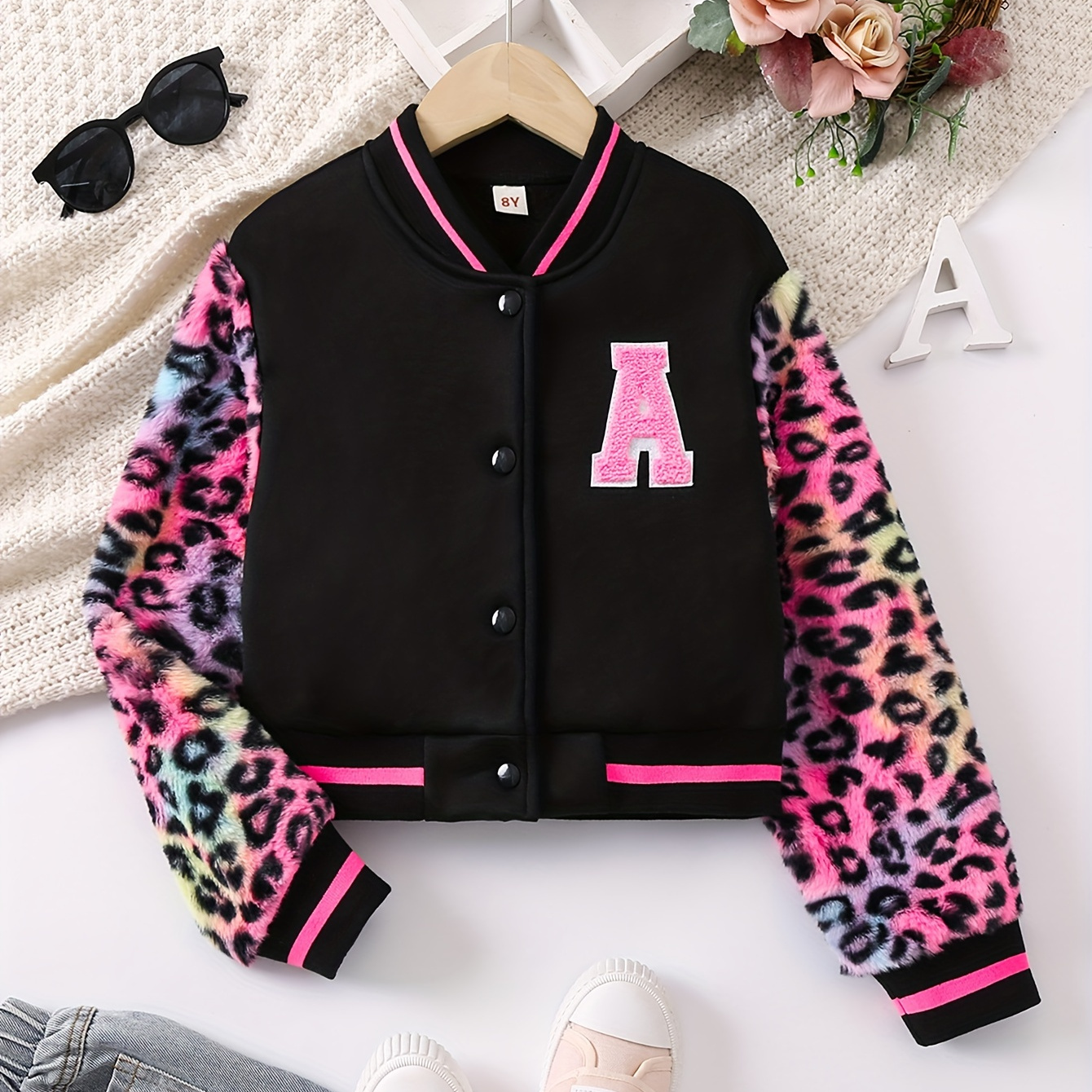 

Girls Leopard Teddy Fleece Stitching Drop Shoulder Baseball Trendy Varsity Jacket For Pre Teen Girls (recommended 1 Size Up)