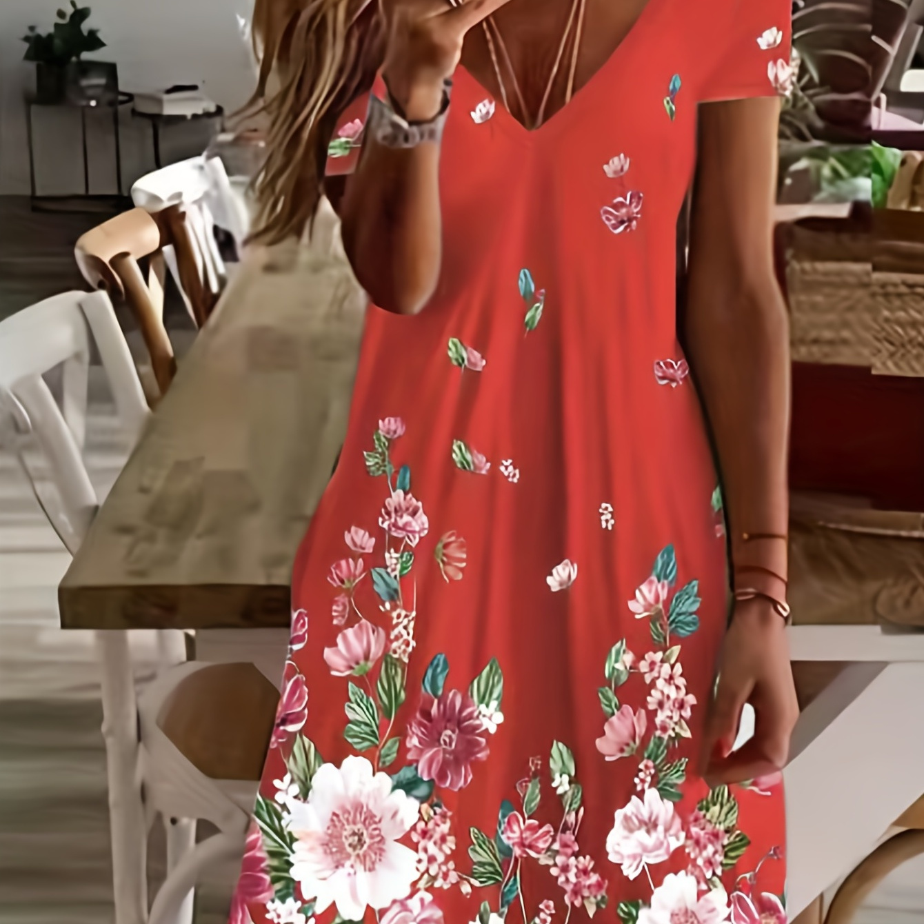 

Retro Floral Print Dress, Short Sleeve V Neck Dress, Casual Dress For Summer & Spring, Women's Clothing