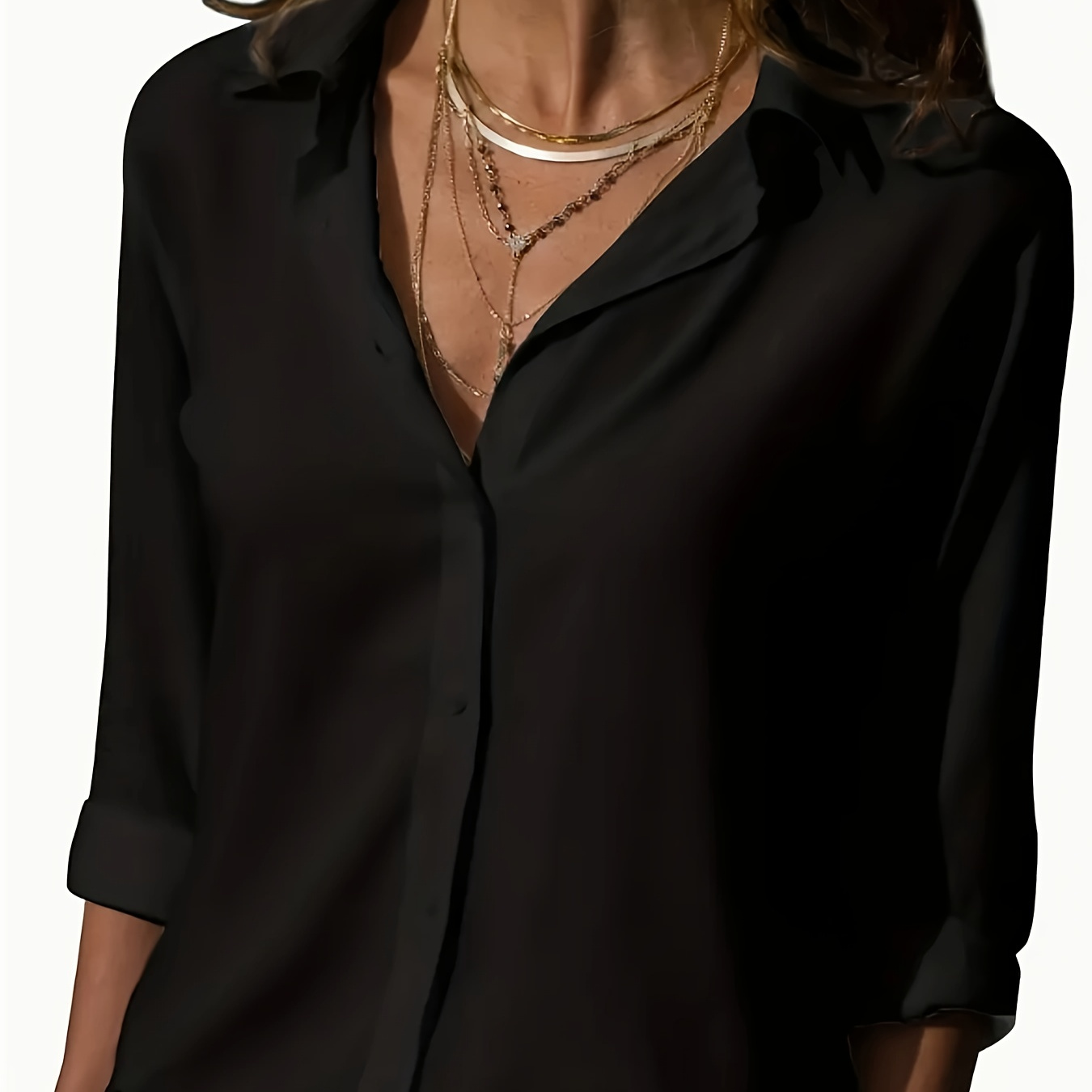 

Chemise boutonnée unie, chemise à longues le et , vêtements femmes.
