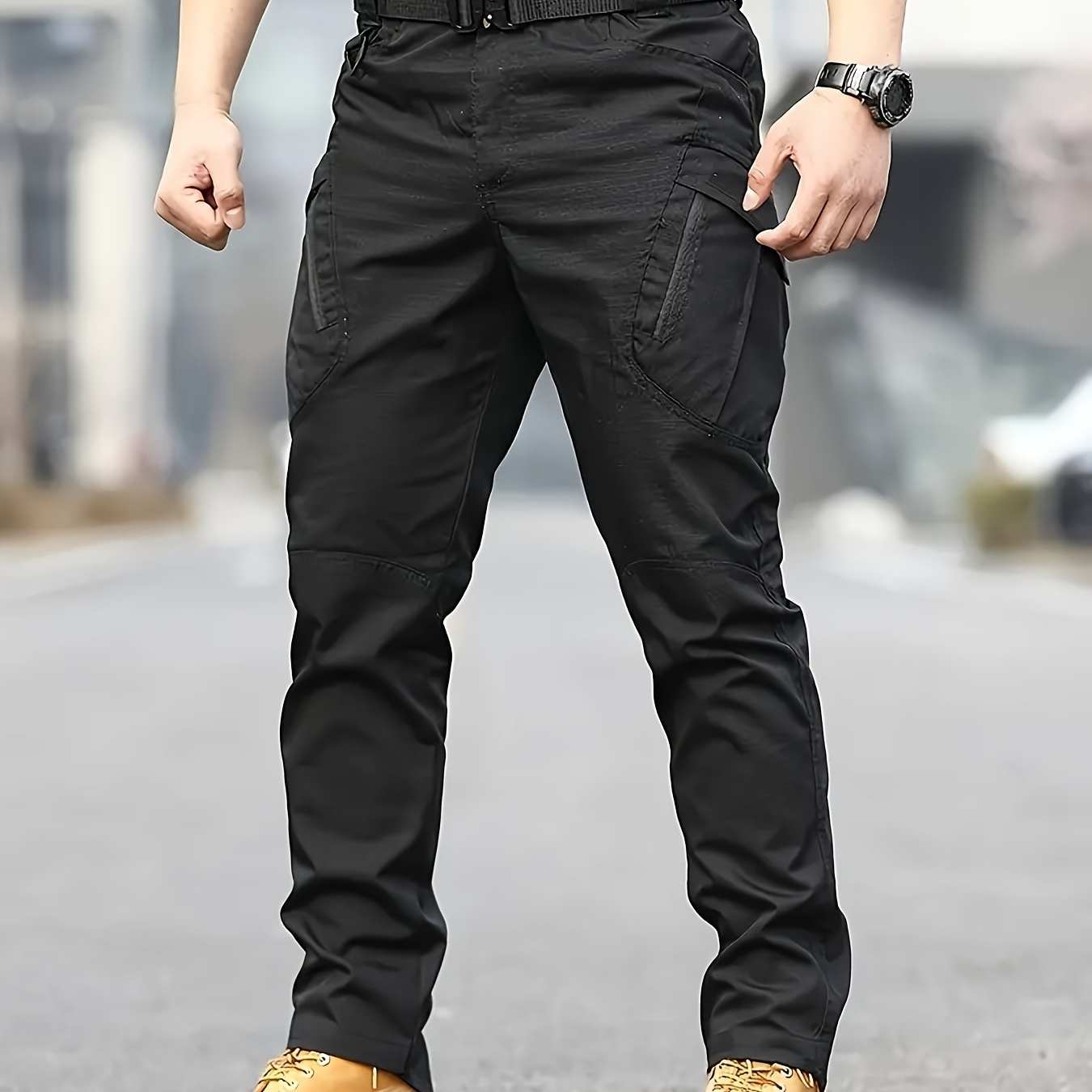 

Men's Tactical Pants Polyester Style, Non-stretch Solid Cargo Trousers With Pockets For Hiking And Casual Weekend, Wear, Regular Fit Adult Woven Pants