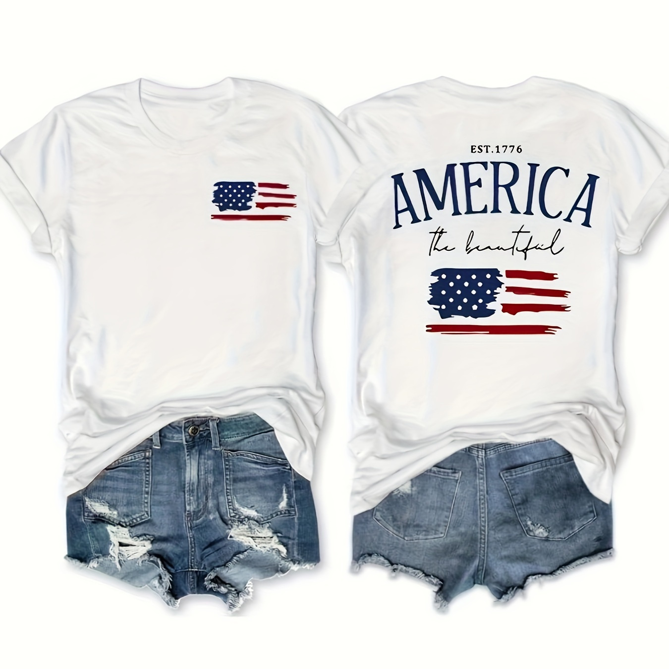 

Flag Print T-shirt, Short Sleeve Crew Neck Casual Top For Summer & Spring, Women's Clothing