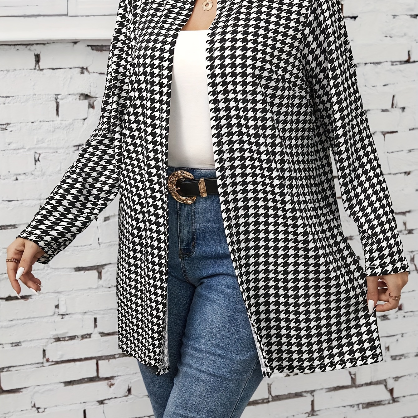 

Plus Size Pattern Open Front Coat, Elegant Long Sleeve Coat For Fall & Winter, Women's Plus Size Clothing