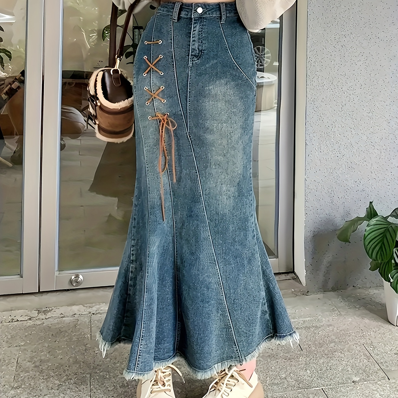 

Plus Size Lace Up Raw Hem Washed Blue Trumpet Mermaid Elegant Maxi Denim Skirt, Women's Denim Jeans & Clothing