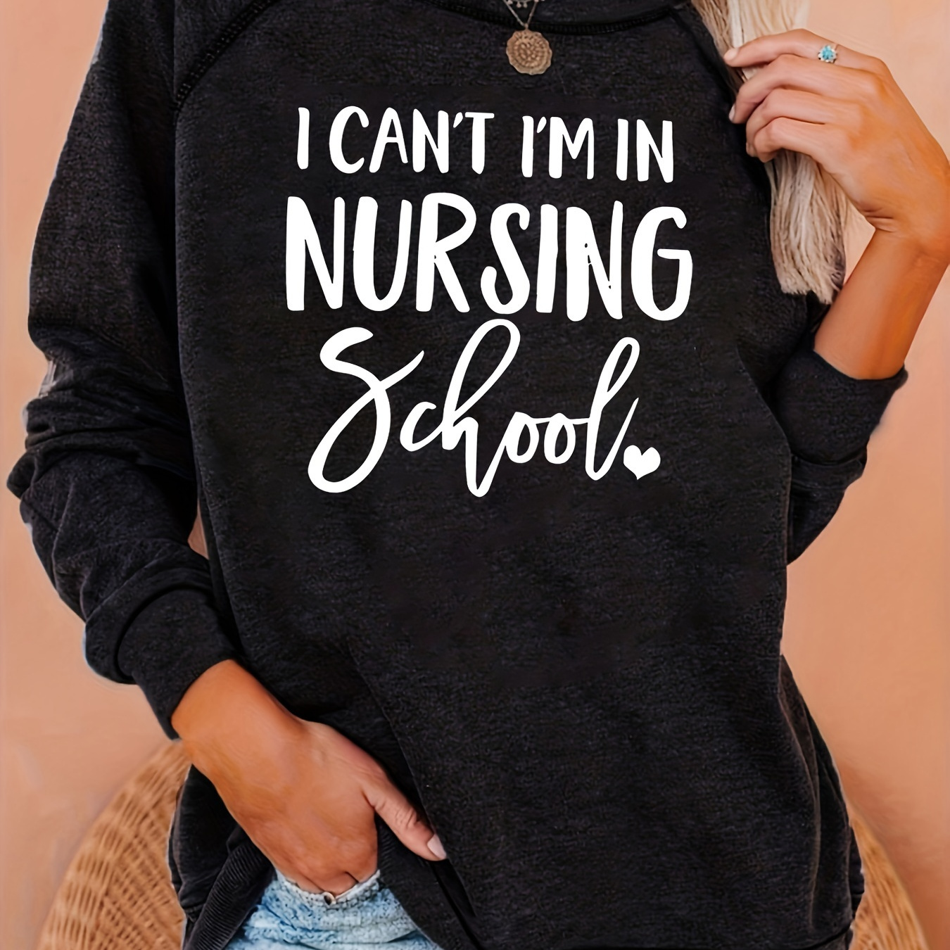 

1pc Women's Casual Nursing School Letter Print Sweatshirt - Polyester Knit Raglan Long Sleeve Crew Neck Pullover With Slight Stretch - Regular Fit Sweatshirt For Spring/fall