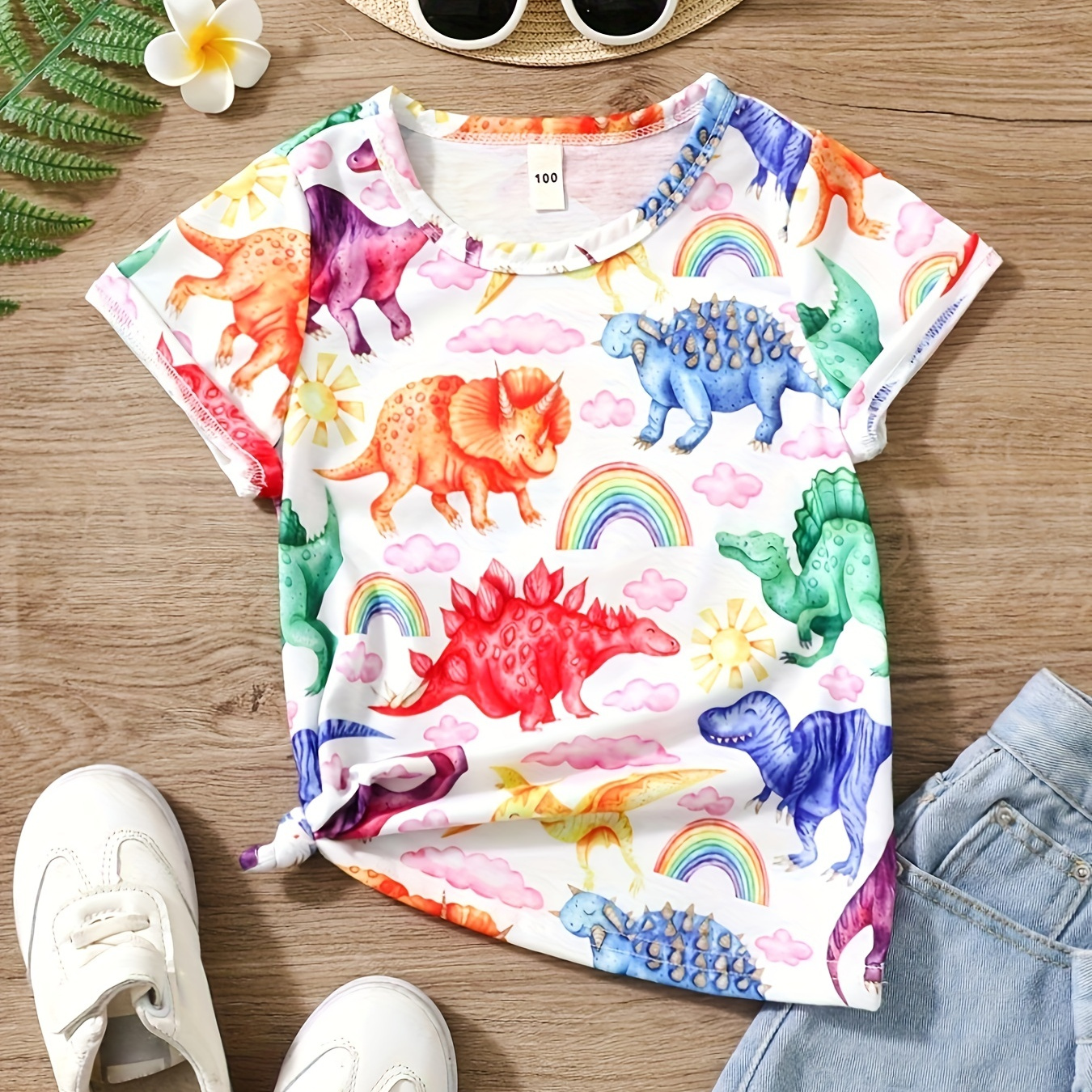 

Girls T-shirts Colorful Dinosaurs Graphic Tees Casual Comfort Fit Crew Neck Summer Tops Kids Clothes