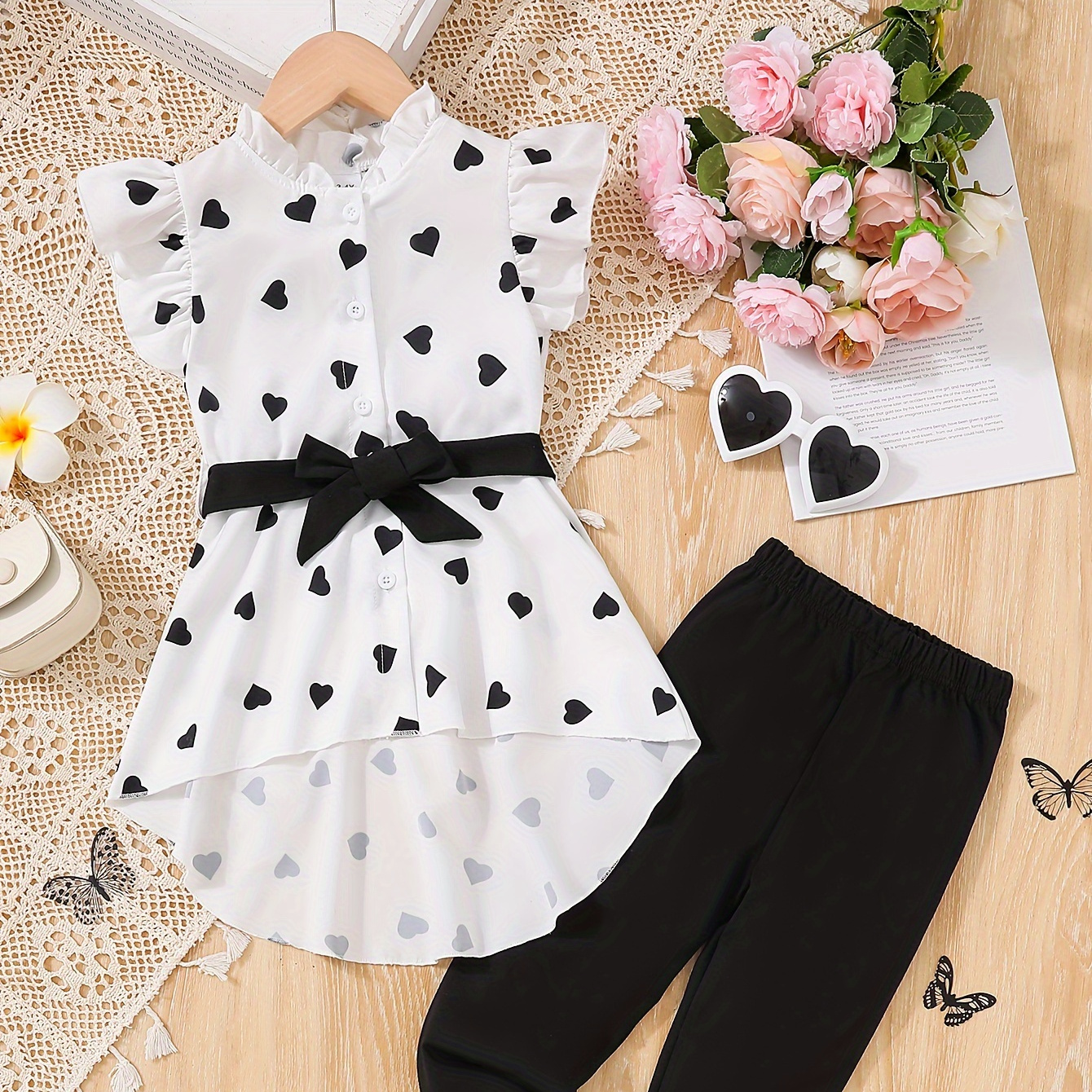 

Girls 2pcs Elegant Heart Print High-low Ruffle Sleeve Shirt & Leggings Set