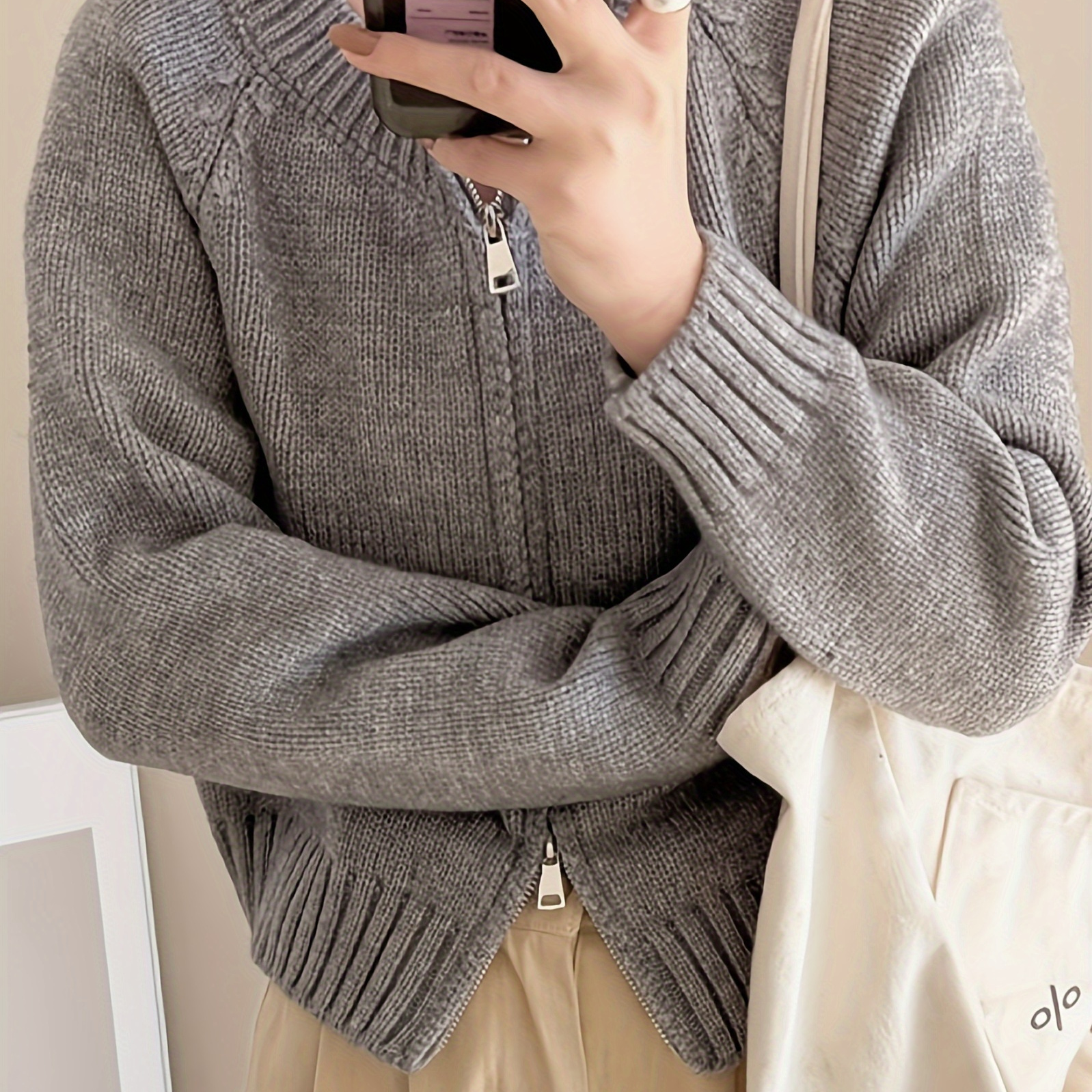 

Chic Grey Zip-up Knit Cardigan - Casual Long Sleeve, Open Front Women's Sweater For Fall/winter