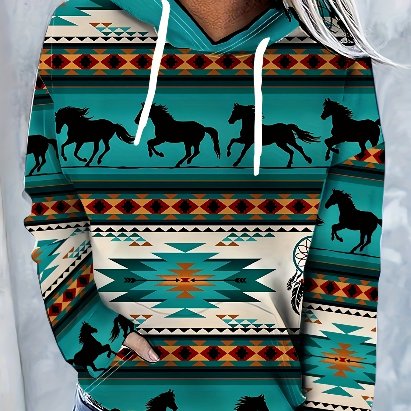 Geometric-pattern Horse Graphic Hooded Sweatshirts, 3D Printing Drawstring Casual Hoodies With Front Pocket, Women's Sporty Sweatshirt