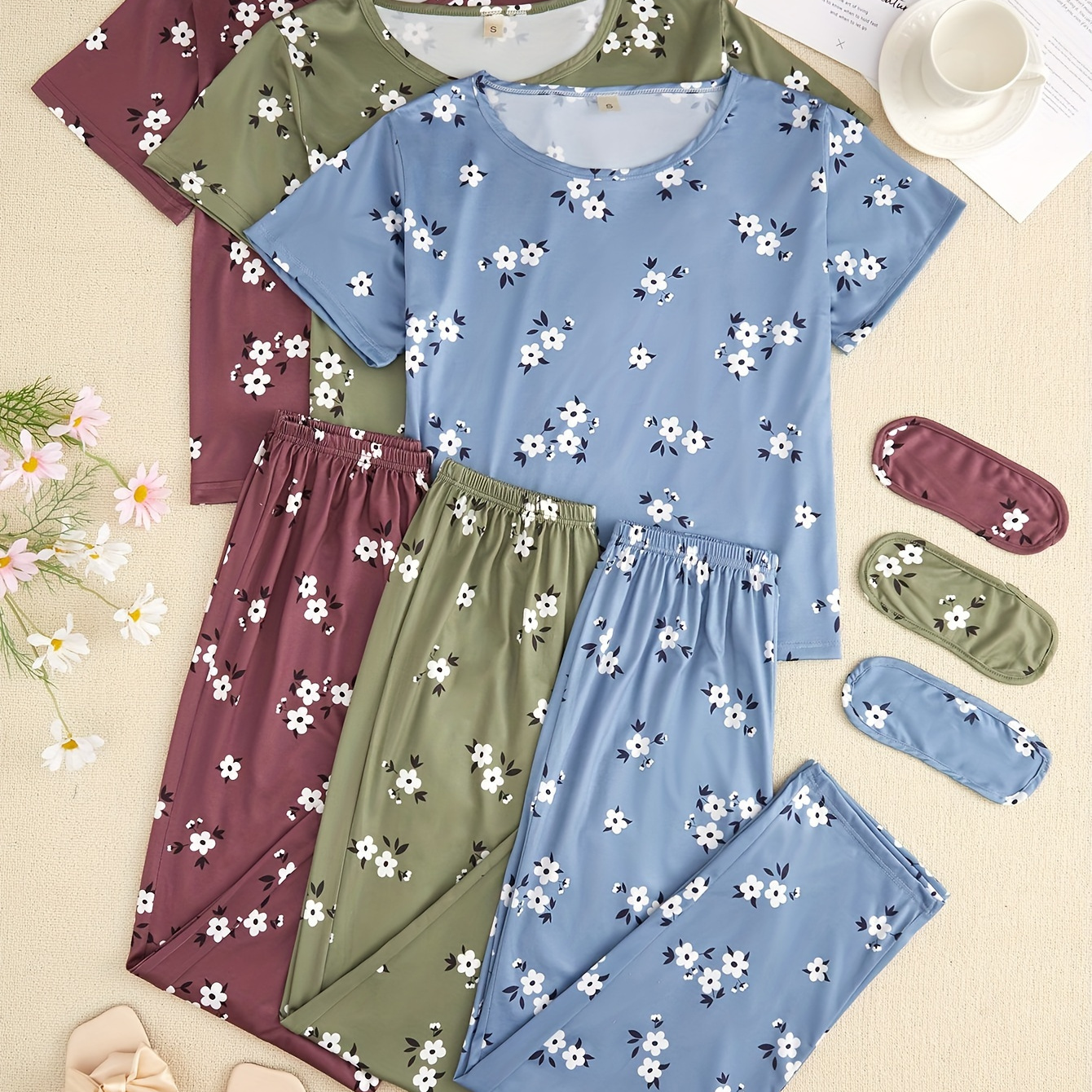 

3 Sets Casual Ditsy Floral Print Pajama Set, Short Sleeve Round Neck Top & Elastic Pants, Women's Sleepwear & Loungewear