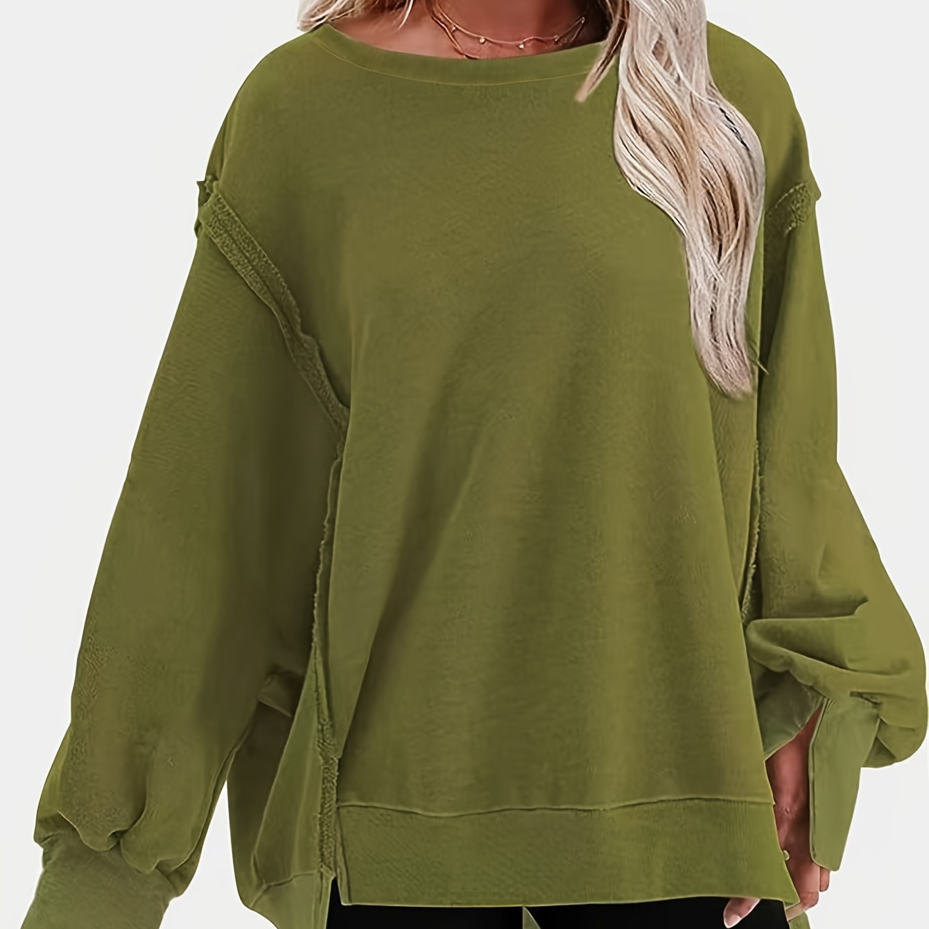 Plus Size Casual Sweatshirt, Women's Plus Solid Long Sleeve Round Neck Fleece Split Loose Fit Pullover Top