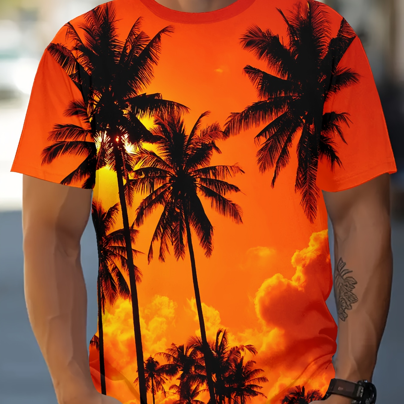 

Men's Coconut Trees Print T-shirt, Casual Short Sleeve Crew Neck Tee, Men's Clothing For Outdoor